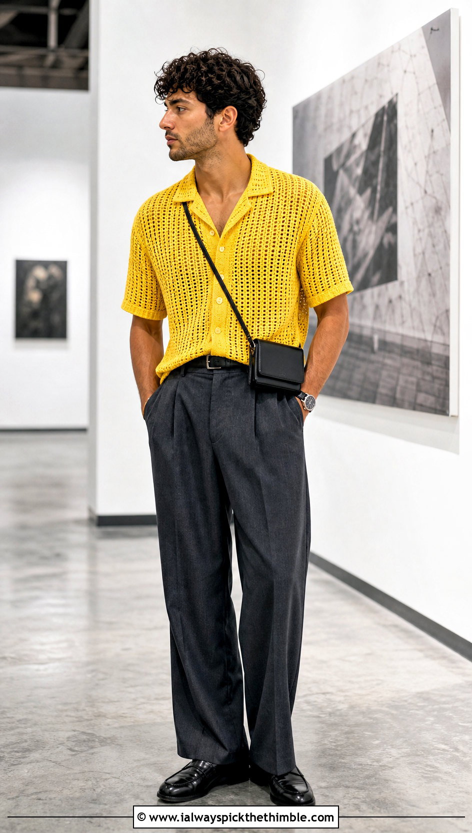 Crochet Camp Collar Shirt With Wide Leg Trousers - 15 Mens Crochet Collared Shirt outfit ideas