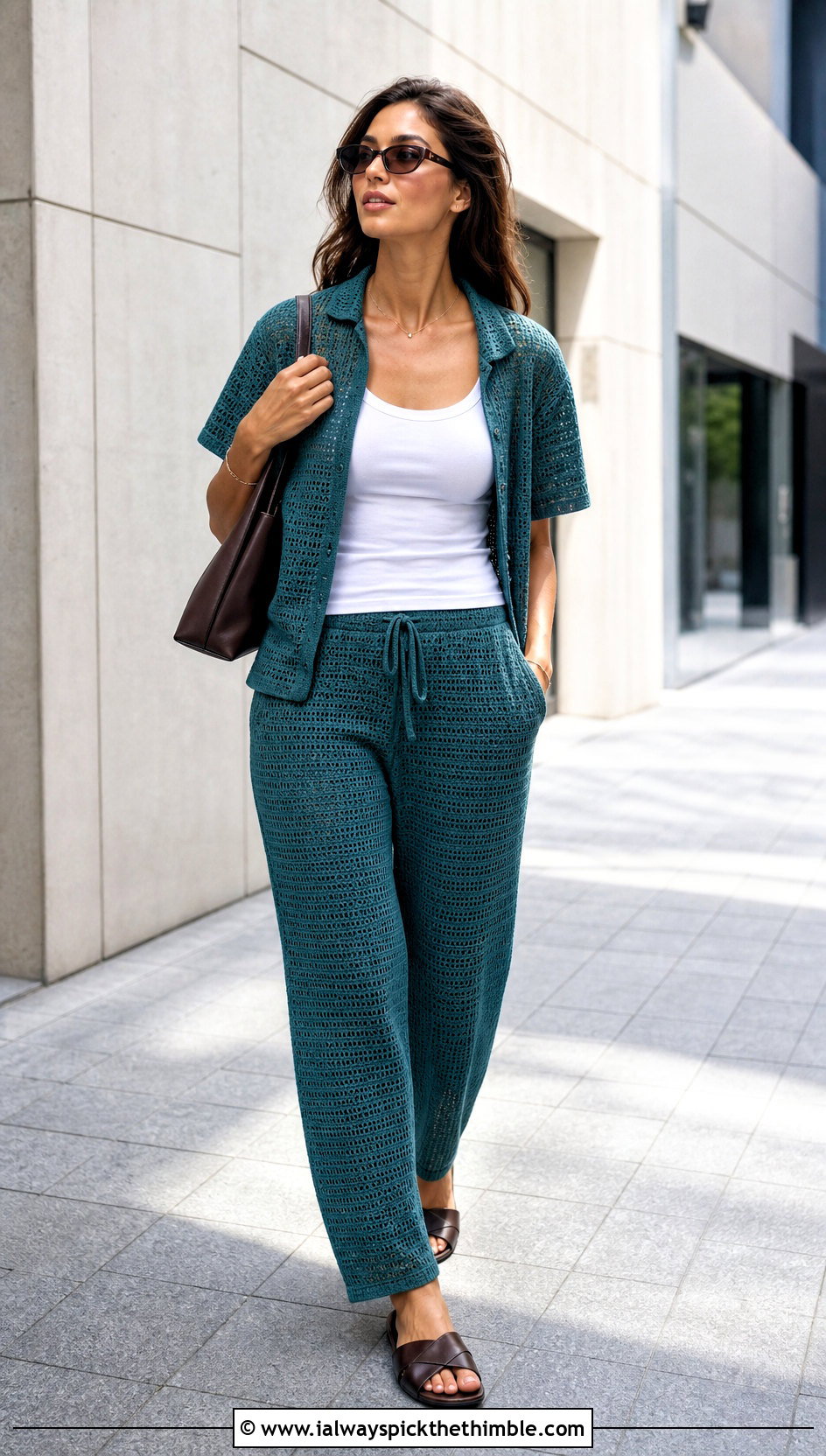 Crochet Camp Shirt And Drawstring Pants Set With Leather Slides - 20 Crochet Summer Two Piece outfit ideas