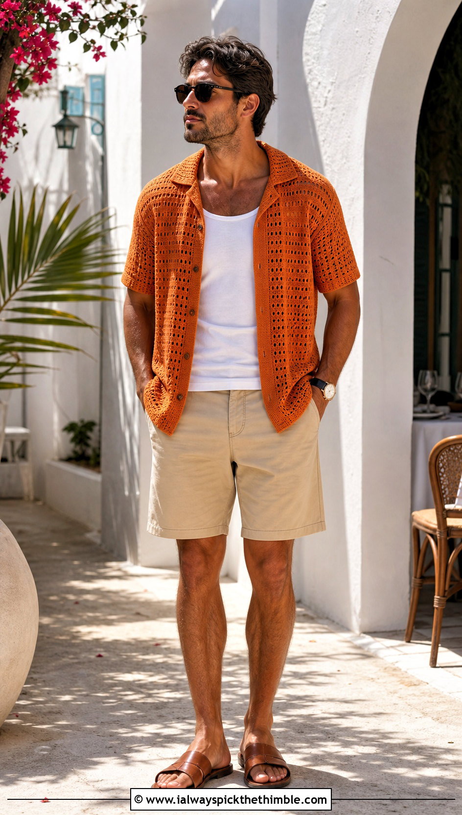 Crochet Camp Shirt With Chino Shorts - 25 crochet shirt men outfit ideas