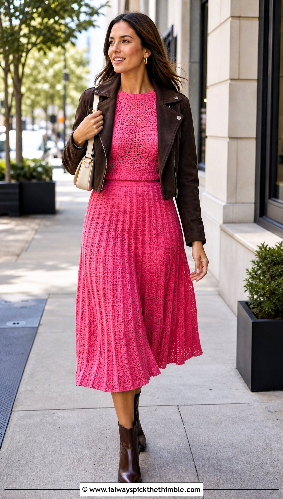 Crochet Cap Sleeve Top And Pleated Skirt Set With Moto Jacket - 25 crochet two piece outfit ideas