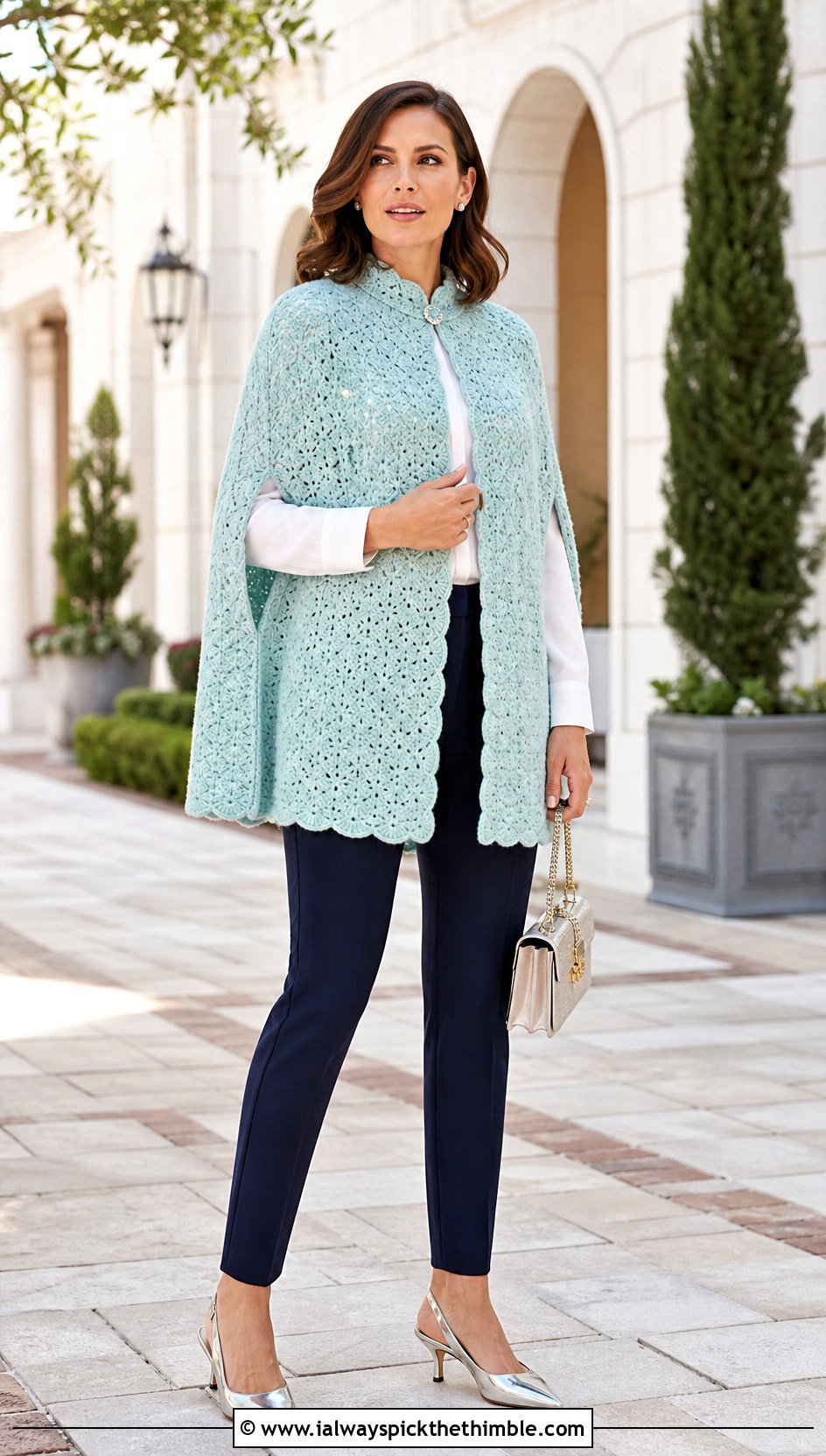 Crochet Cape Coat With Blouse And Cigarette Pants - 15 stylish crochet coat design outfit ideas