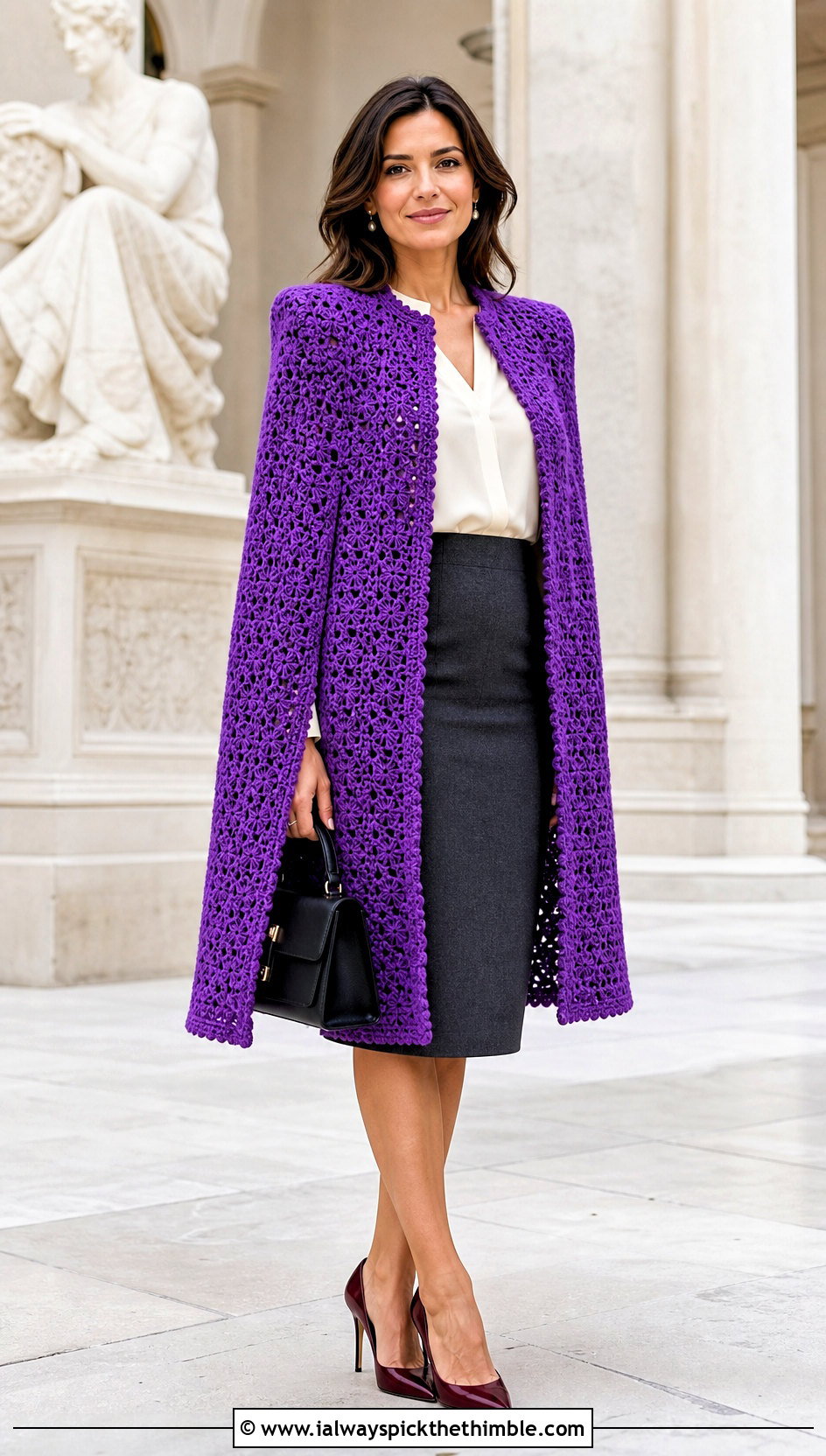 Crochet Cape Coat With Pencil Skirt - 20 women crochet coat outfit ideas