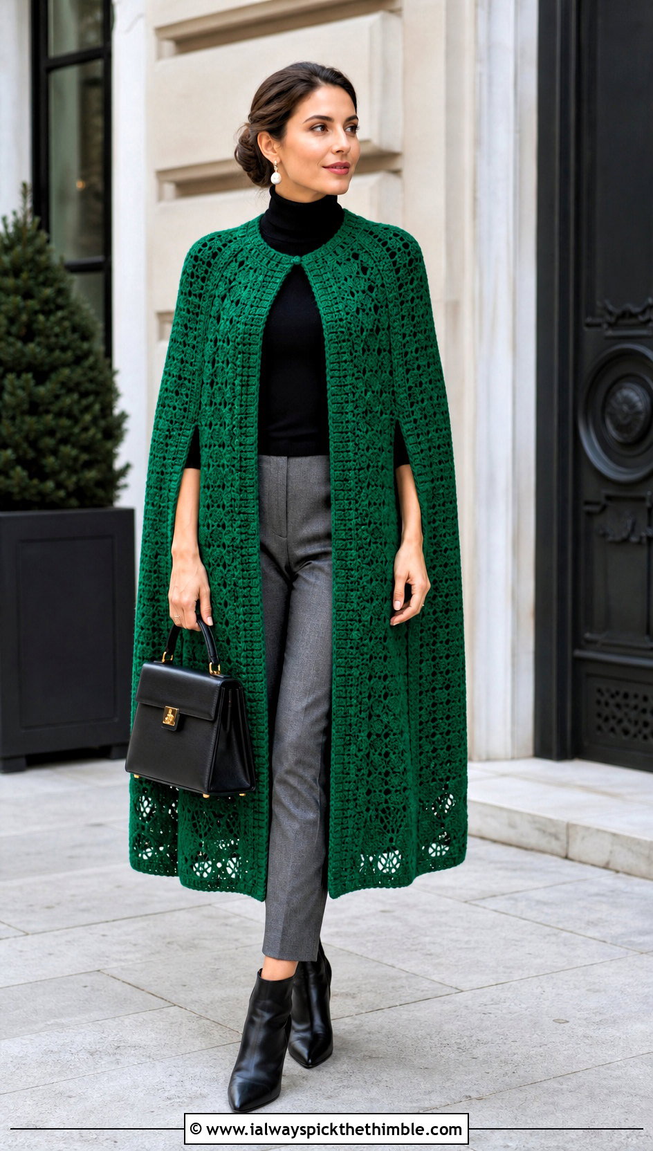 Crochet Cape Coat With Slim Trousers - 25 crochet coat outfit ideas