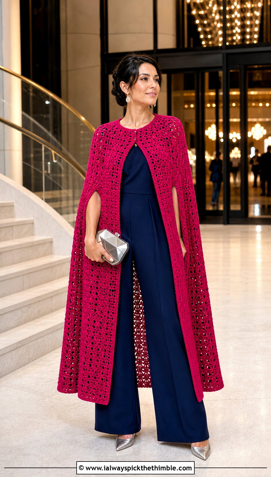 Crochet Cape Coat With Wide Leg Jumpsuit - 20 Crochet Coat For Women outfit ideas