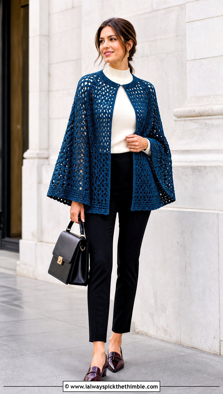 Crochet Cape Jacket With Slim Trousers - 20 crochet jacket for ladies outfit ideas