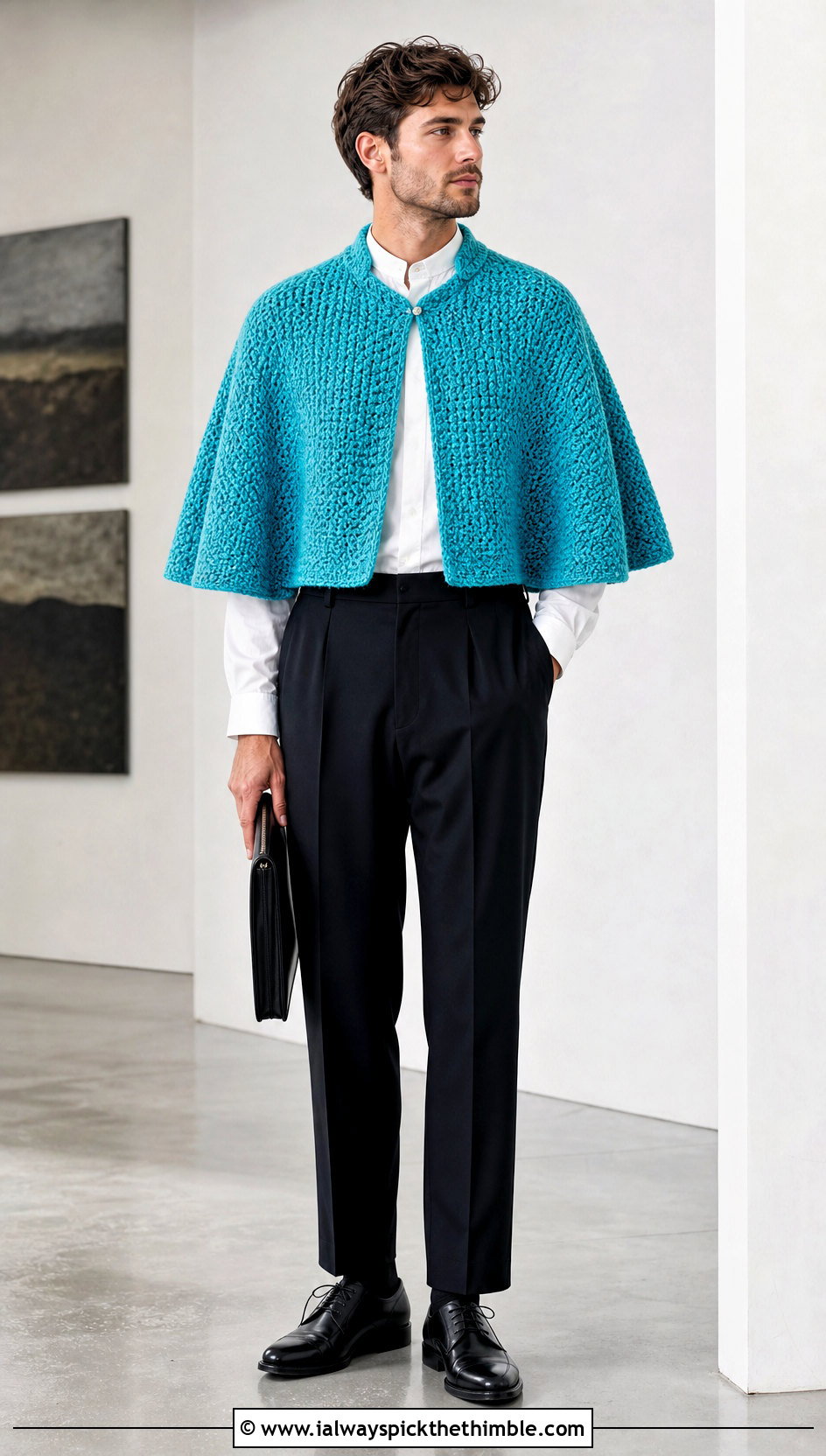 Crochet Cape Poncho With Suit Trousers - 20 mens crochet poncho outfit ideas