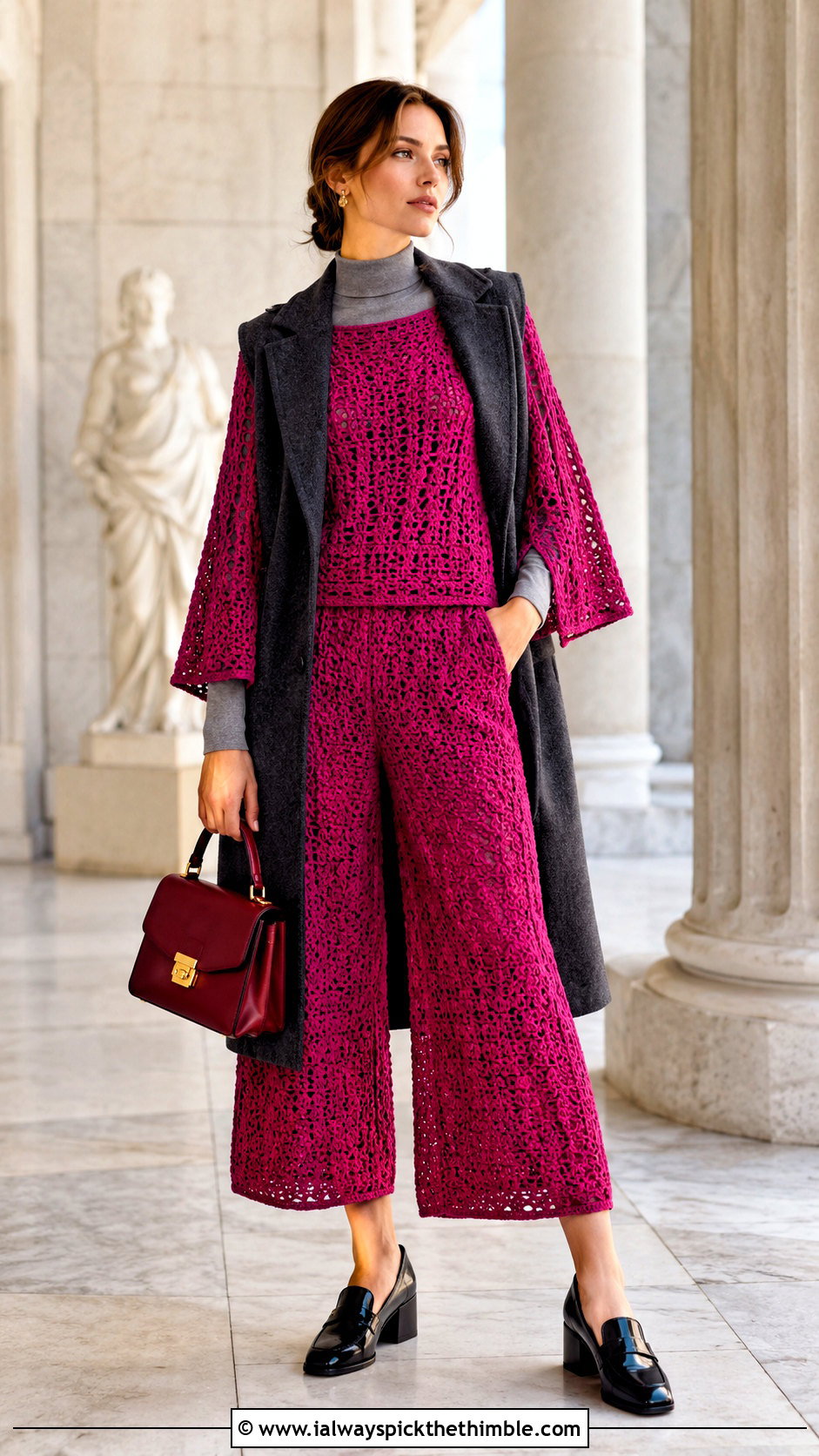 Crochet Cape Sleeve Top And Culottes Set With Loafers - 15 Autumn Crochet Clothing Set outfit ideas