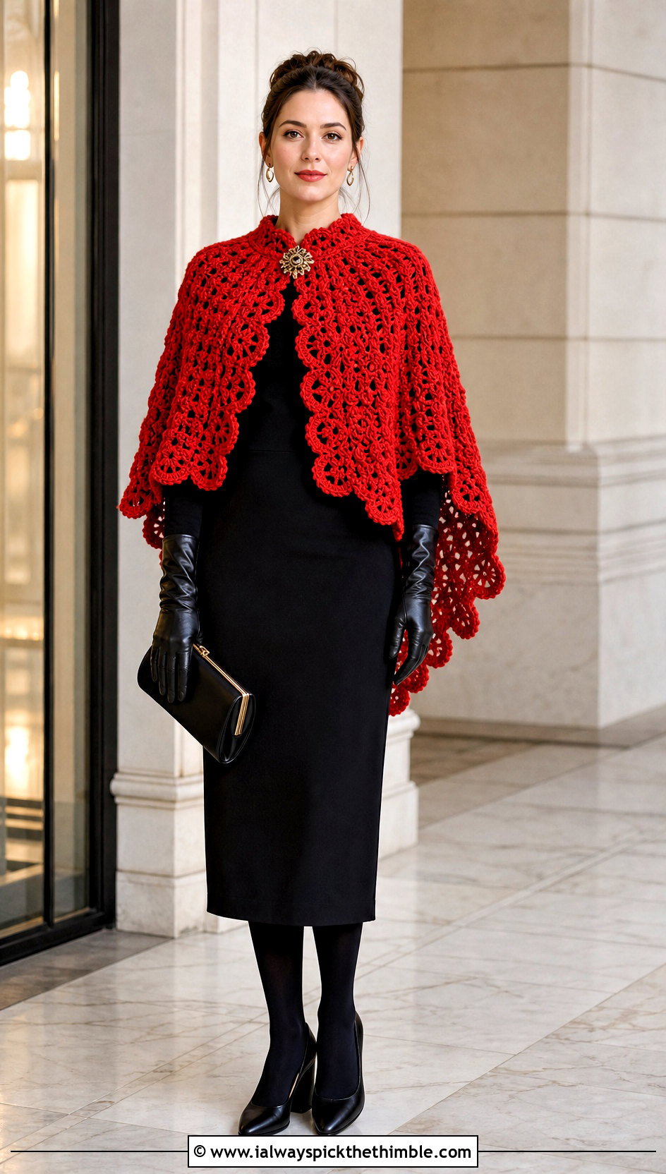 Crochet Cape With Column Dress And Heels - 20 winter crochet outfit ideas