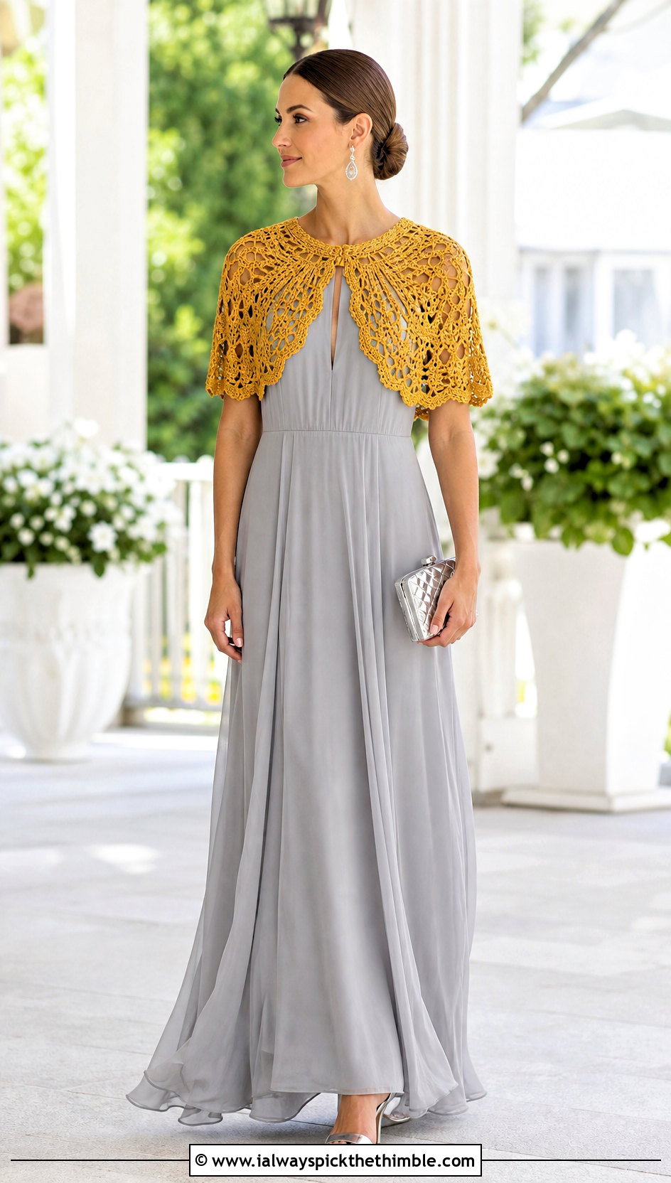 Crochet Capelet Chiffon Maxi Dress With Metallic Sandals - 20 crochet and fabric dress outfit ideas