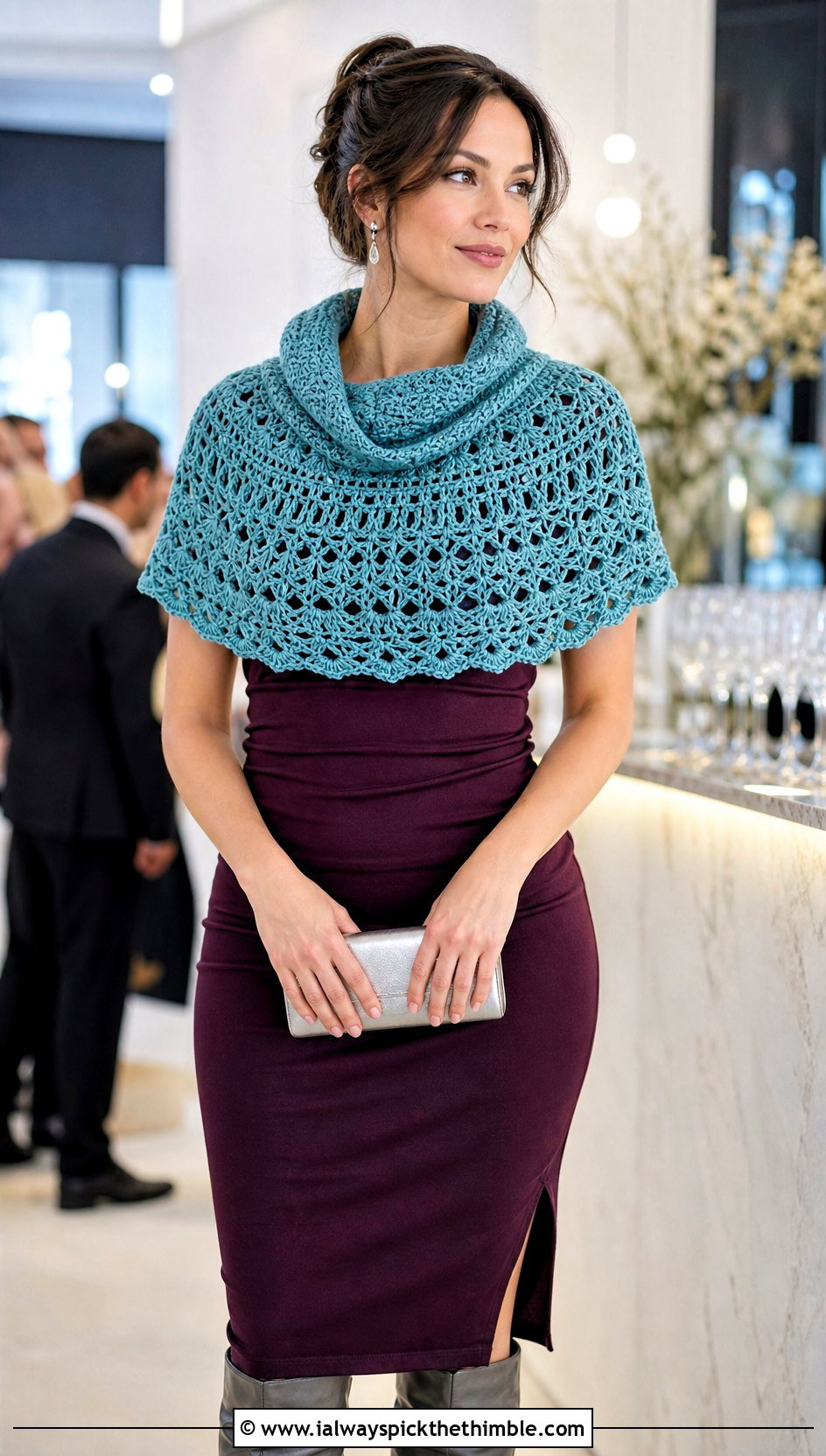 Crochet Capelet Cowl With Fitted Midi Dress - 20 Simple Crochet Cowl outfit ideas