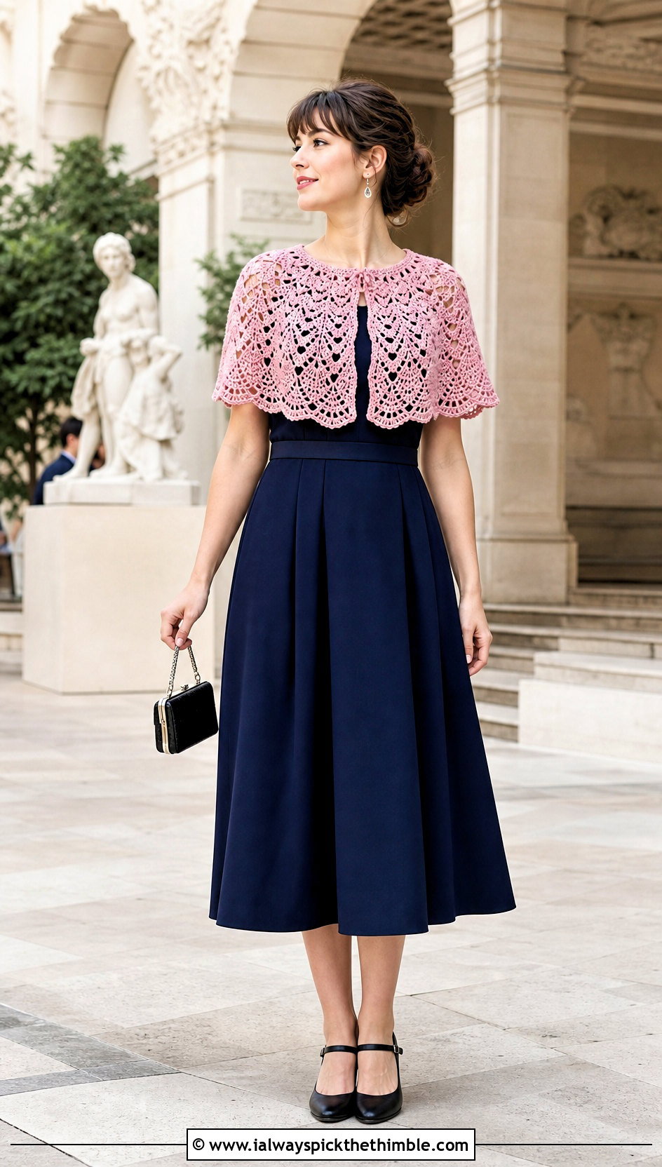 Crochet Capelet Poncho With A Line Midi Dress - 15 Vintage Crochet Poncho outfit ideas