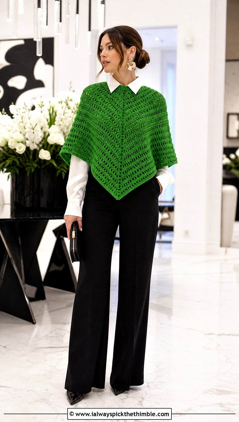 Crochet Capelet Poncho With Satin Blouse And Wide Leg Pants - 20 Crochet Fall Poncho outfit ideas