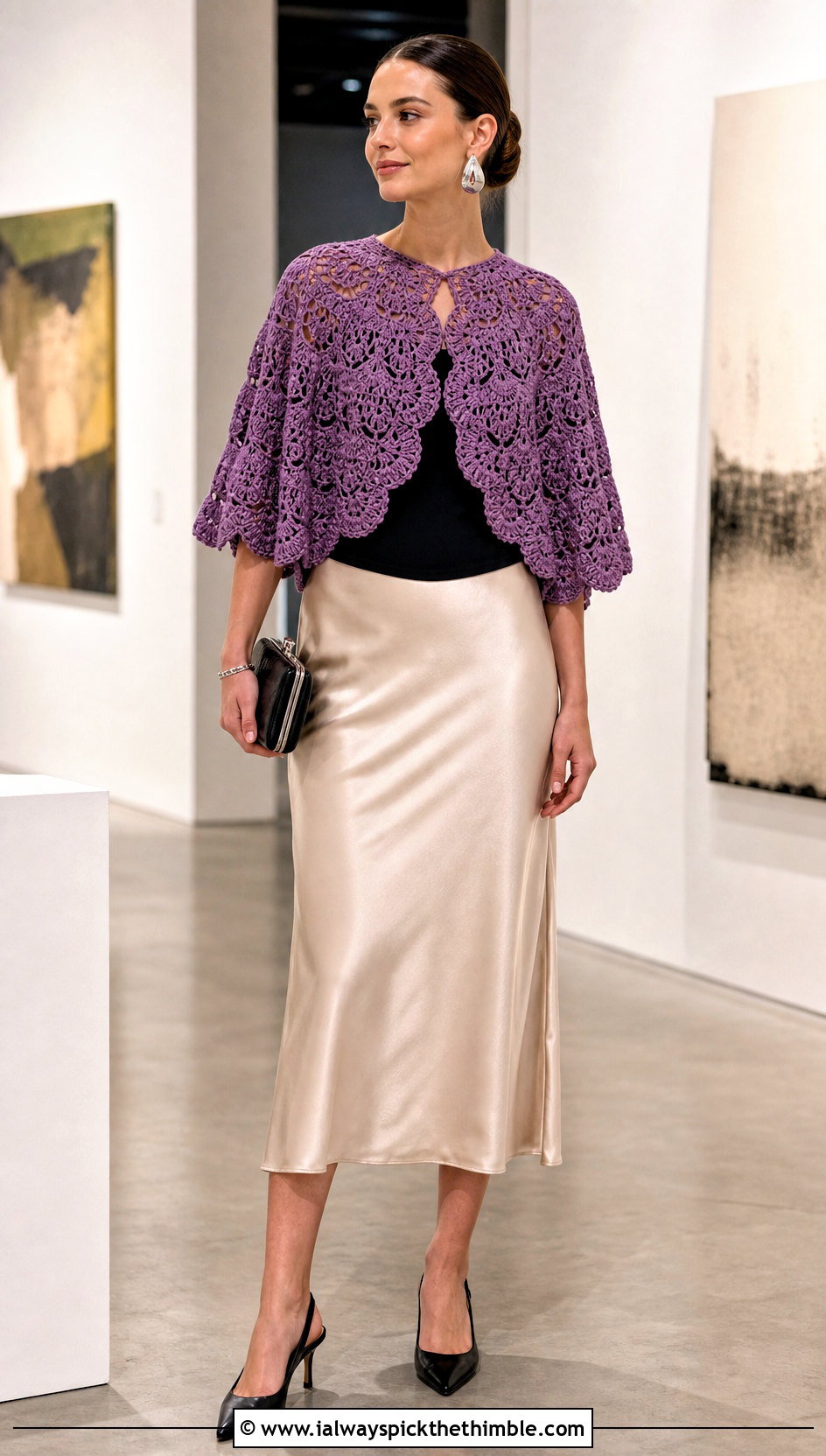Crochet Capelet Poncho With Satin Midi Skirt - 20 Simple Crochet Poncho outfit ideas