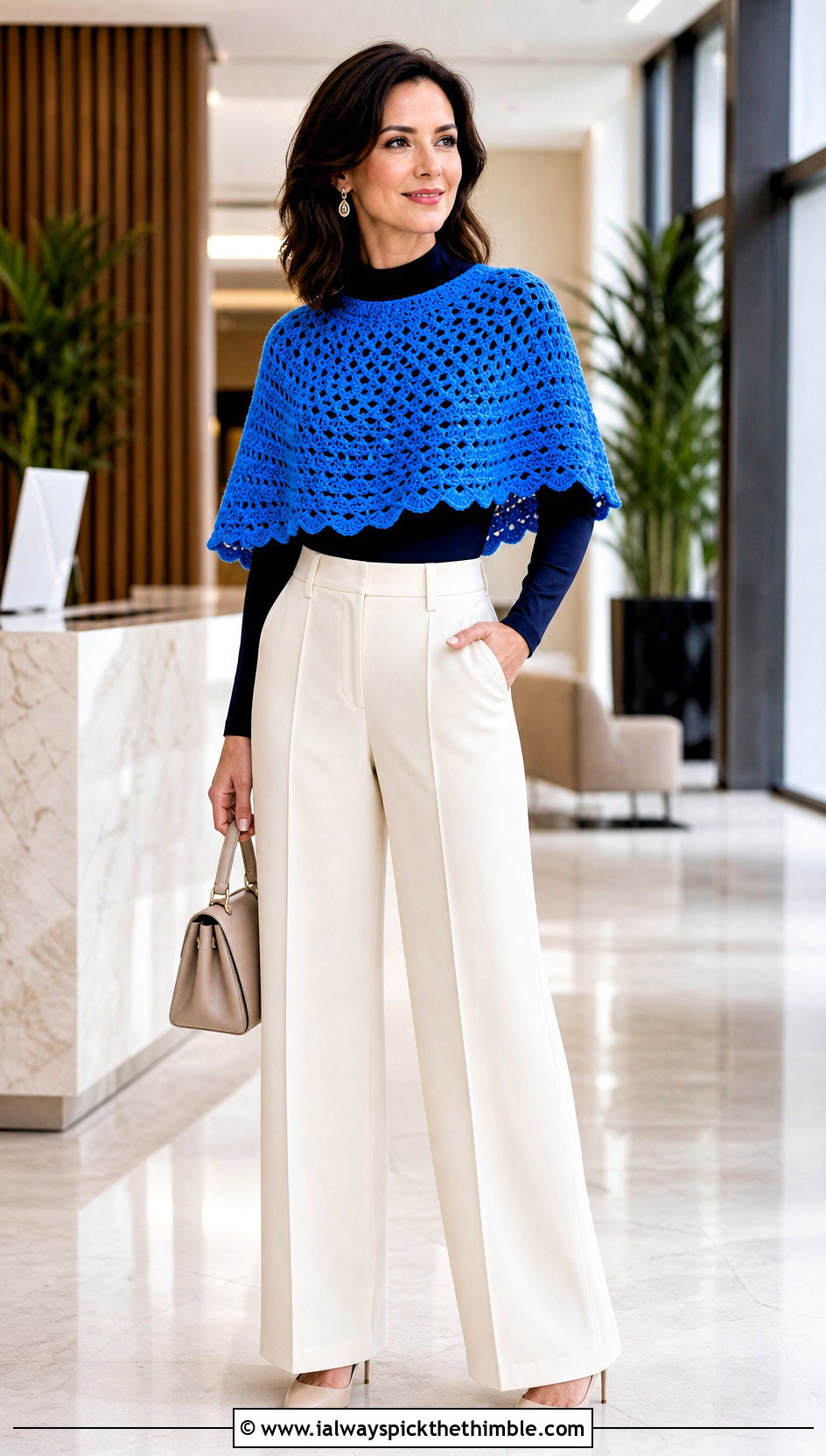 Crochet Capelet Poncho With Wide Leg Trousers - 25 easy crochet poncho woman outfit ideas