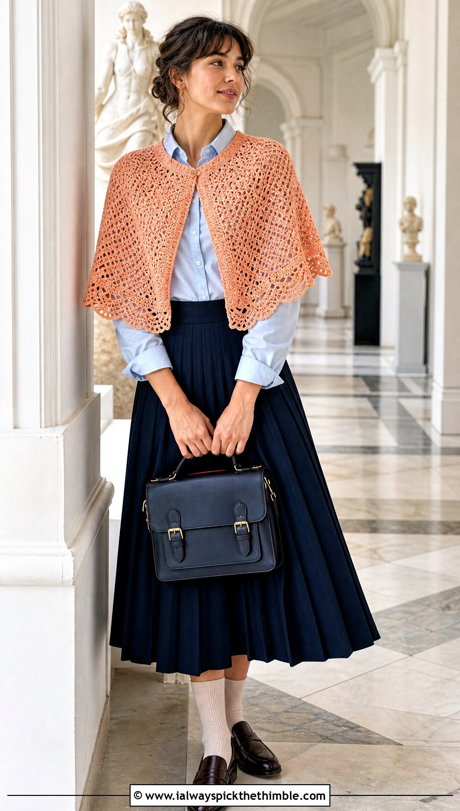 Crochet Capelet Shawl With A Pleated Midi Skirt - 20 Fall Crochet Shawl outfit ideas
