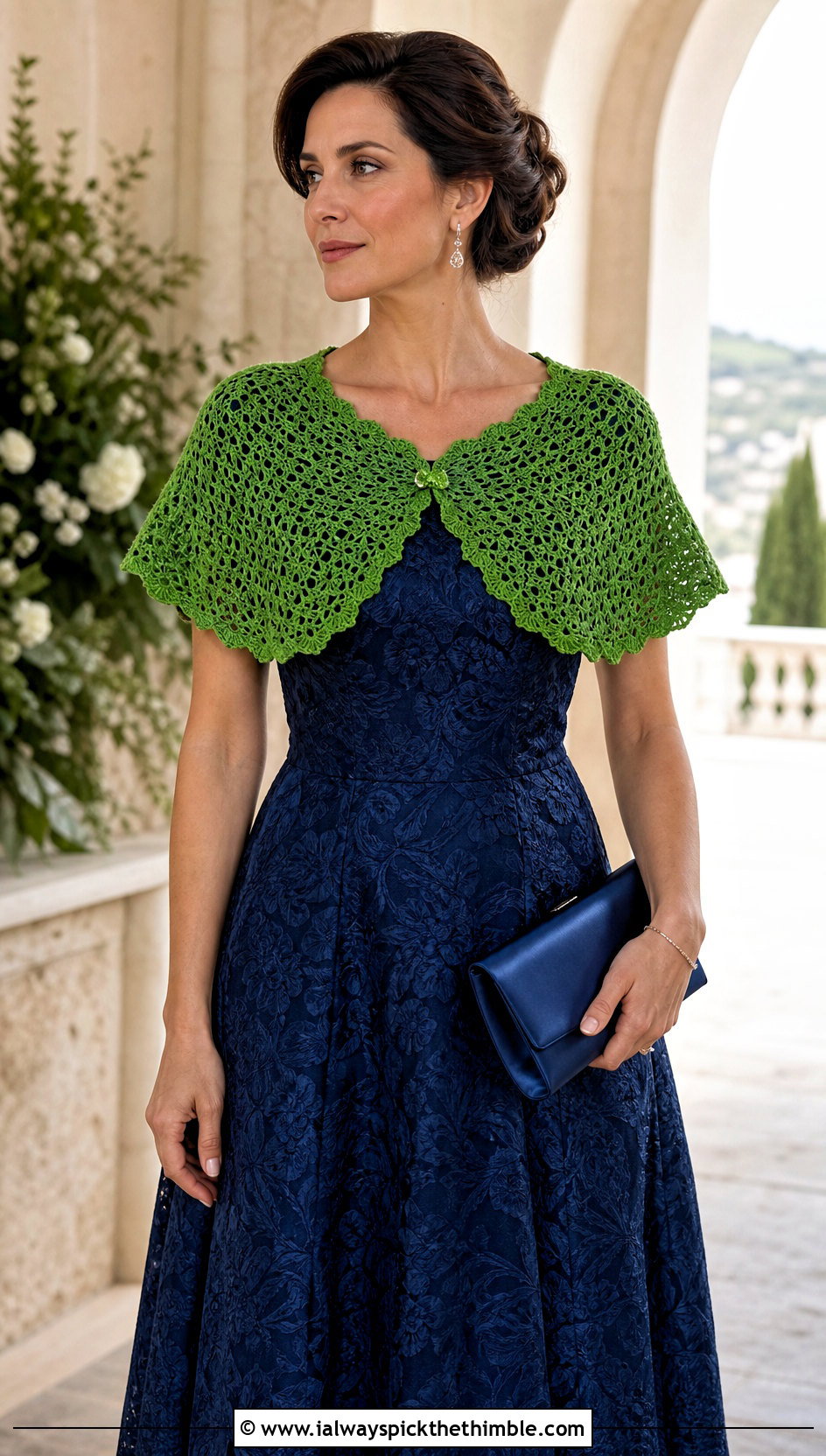 Crochet Capelet Shawl With Brocade Tea Length Dress - 15 Winter Wedding Crochet Shawl outfit ideas