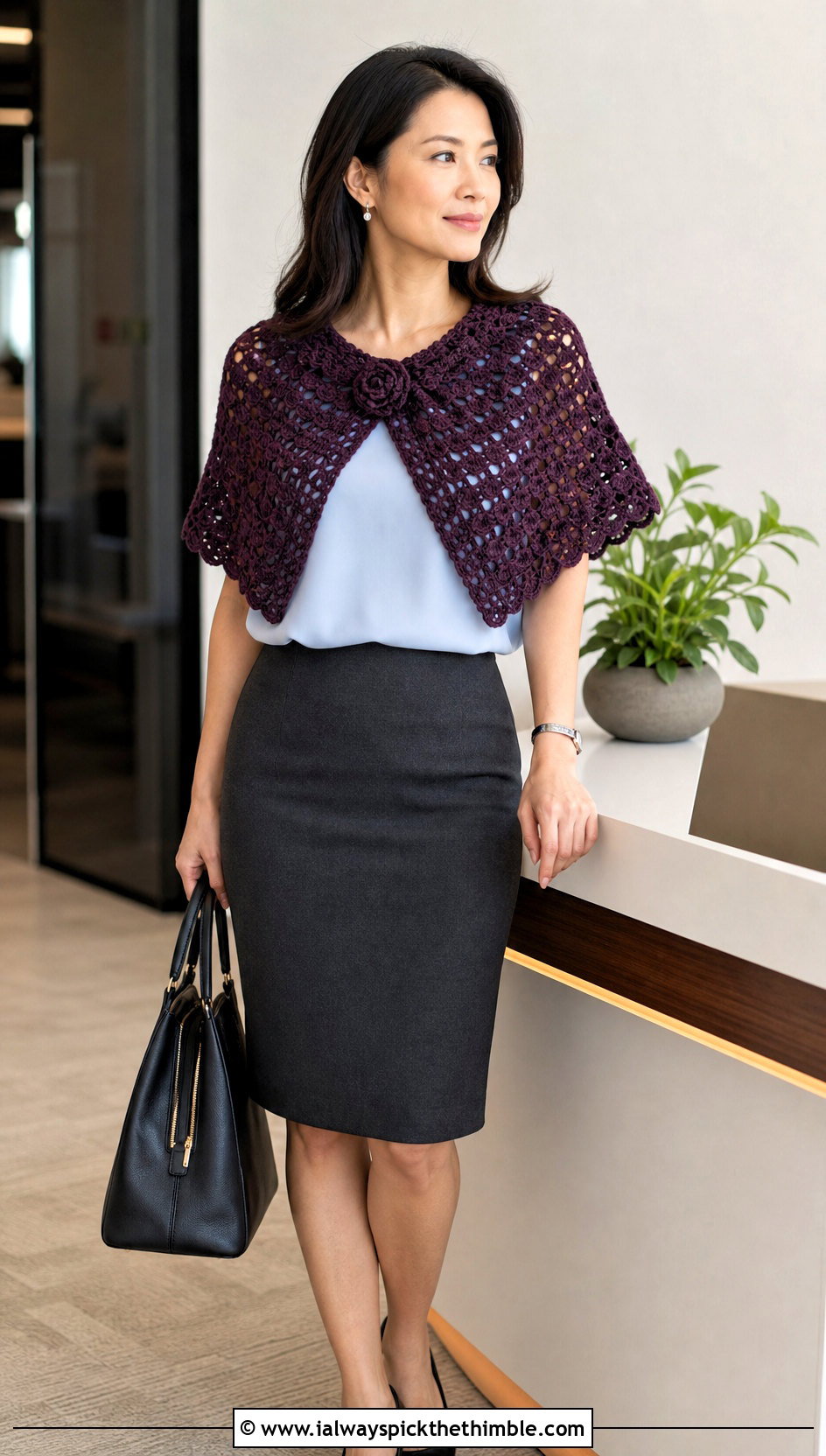 Crochet Capelet Shawl With a Pencil Skirt - 20 one skein crochet shawl outfit ideas