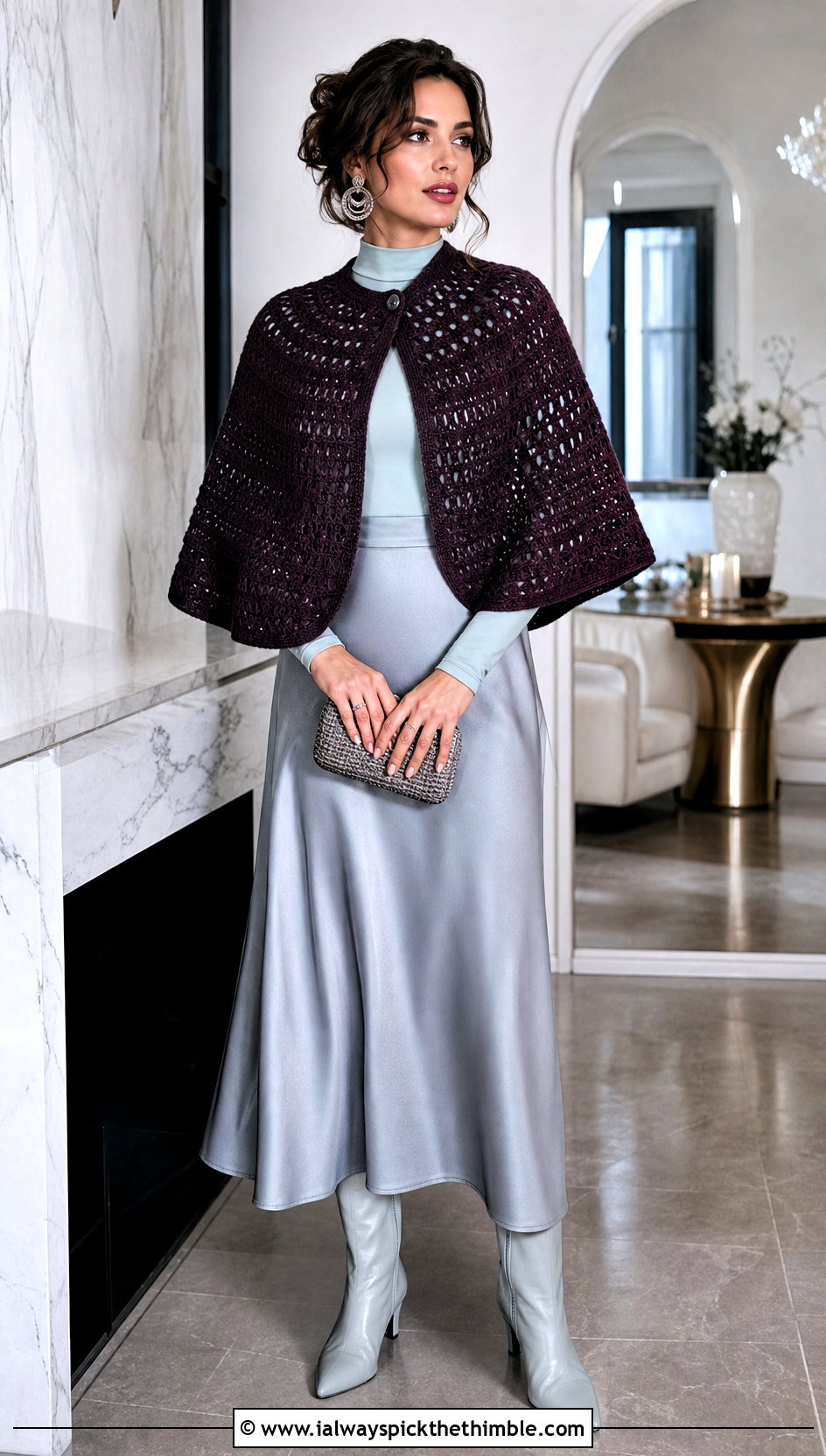 Crochet Capelet Winter Shawl With Satin Midi Skirt - 15 Crochet Winter Shawl outfit ideas
