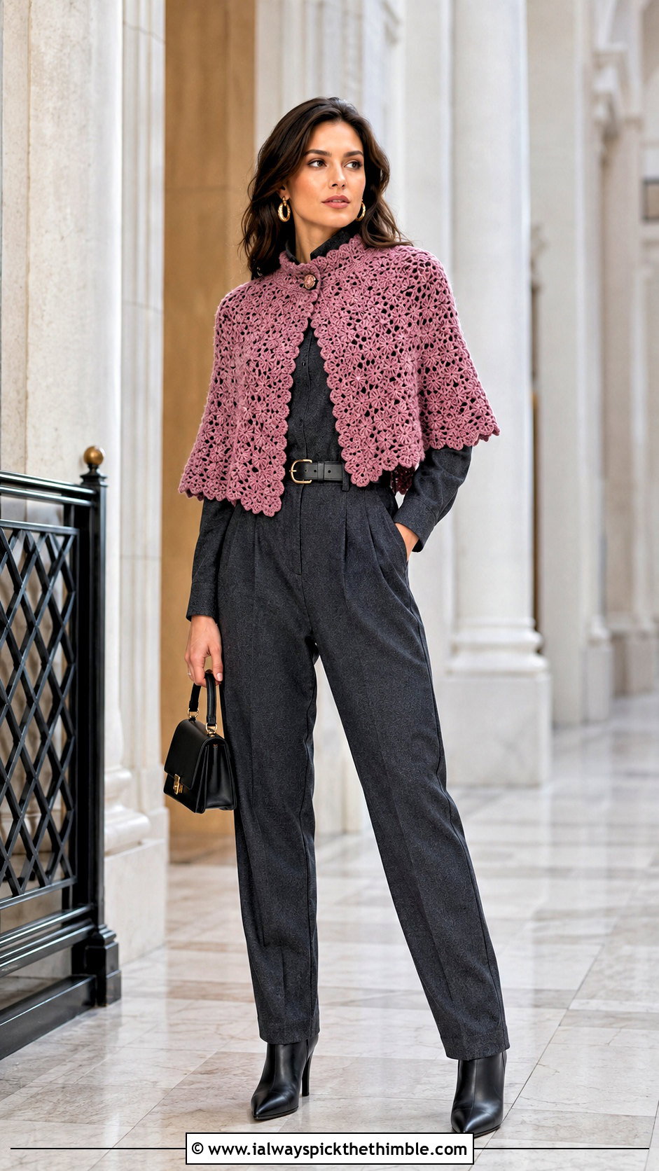 Crochet Capelet With Belted Jumpsuit - 25 Crochet Winter Outfits ideas