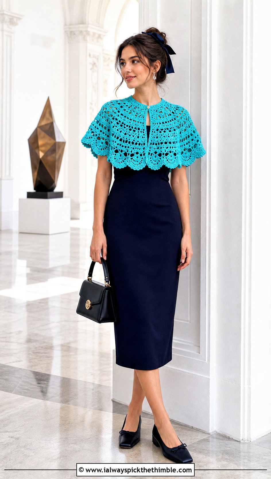 Crochet Capelet With Column Dress And Ballet Flats - 20 K Pop Crochet Clothes and outfit ideas