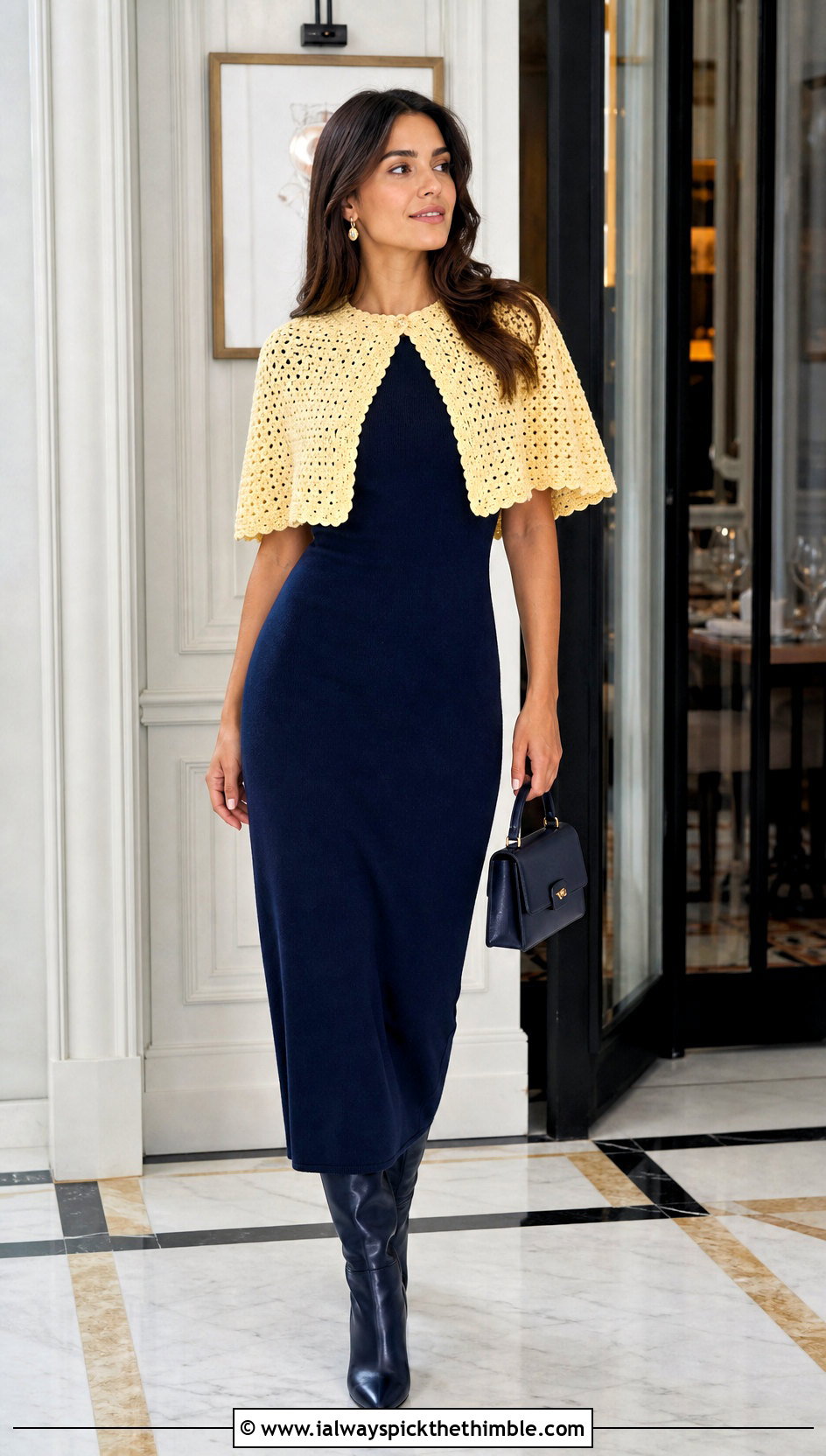 Crochet Capelet With Column Dress And Knee High Boots - 20 Fall Crochet Outfit Ideas