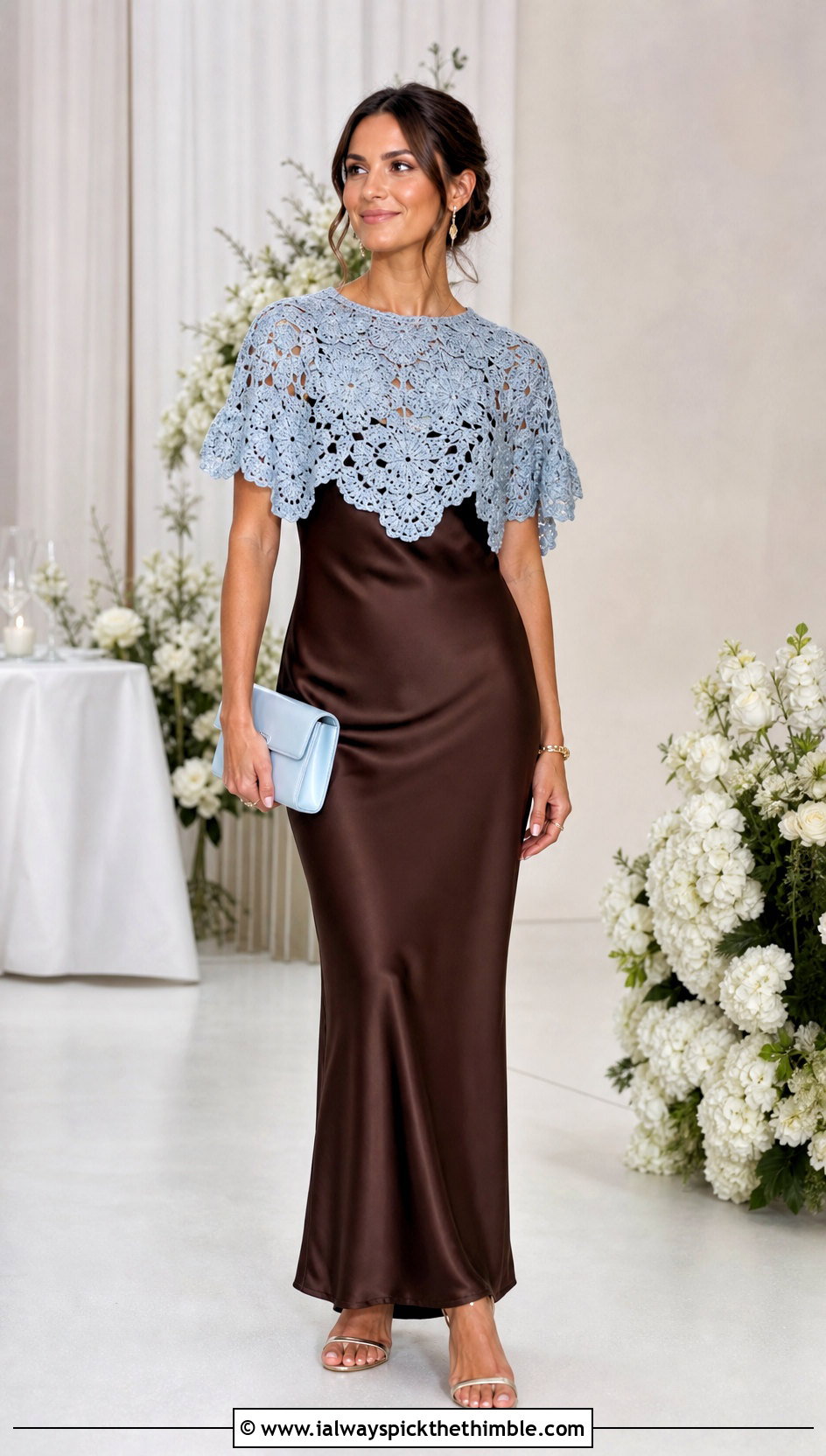 Crochet Capelet With Satin Slip Dress - 20 Crochet Wedding Outfit ideas