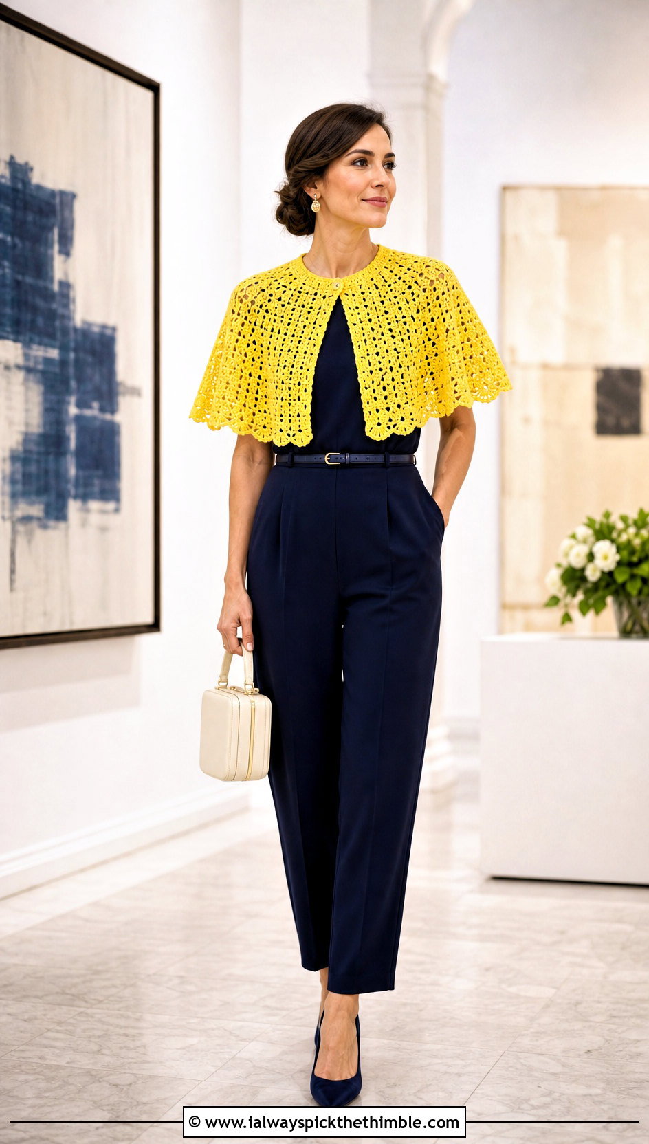 Crochet Capelet With Tailored Jumpsuit - 20 crochet holiday outfit ideas
