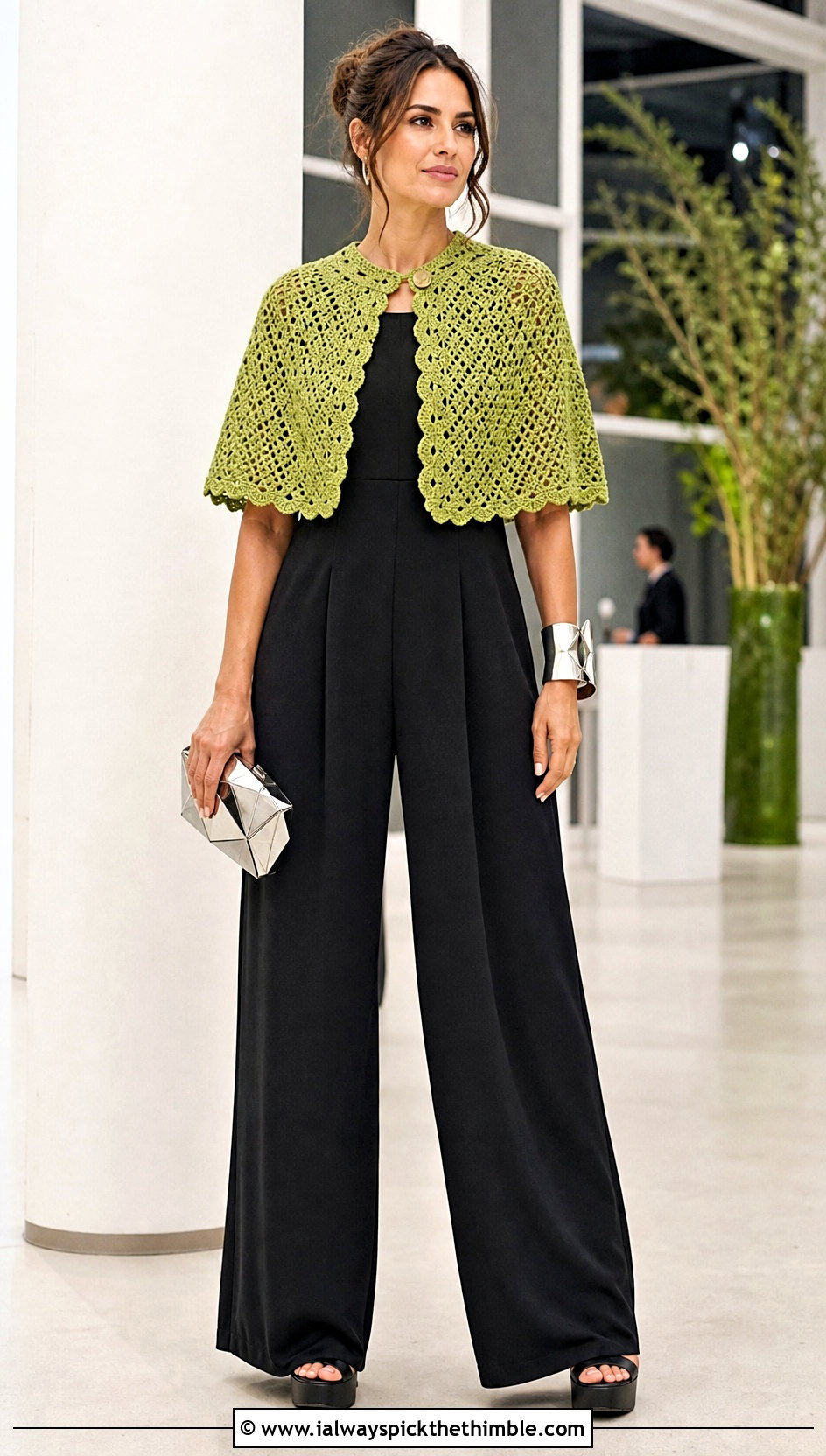 Crochet Capelet With Wide Leg Jumpsuit - 25 Crocheted Shawls And Wraps outfit ideas