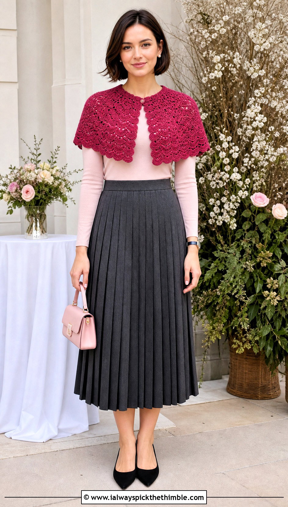 Crochet Capelet Wrap With A Pleated Midi Skirt - 25 crochet wrap outfit ideas