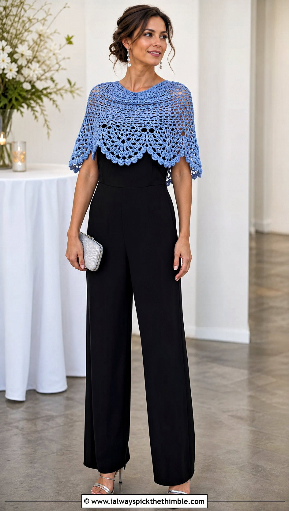Crochet Capelet Wrap With Jumpsuit - 15 Beginner Crochet Wrap outfit ideas