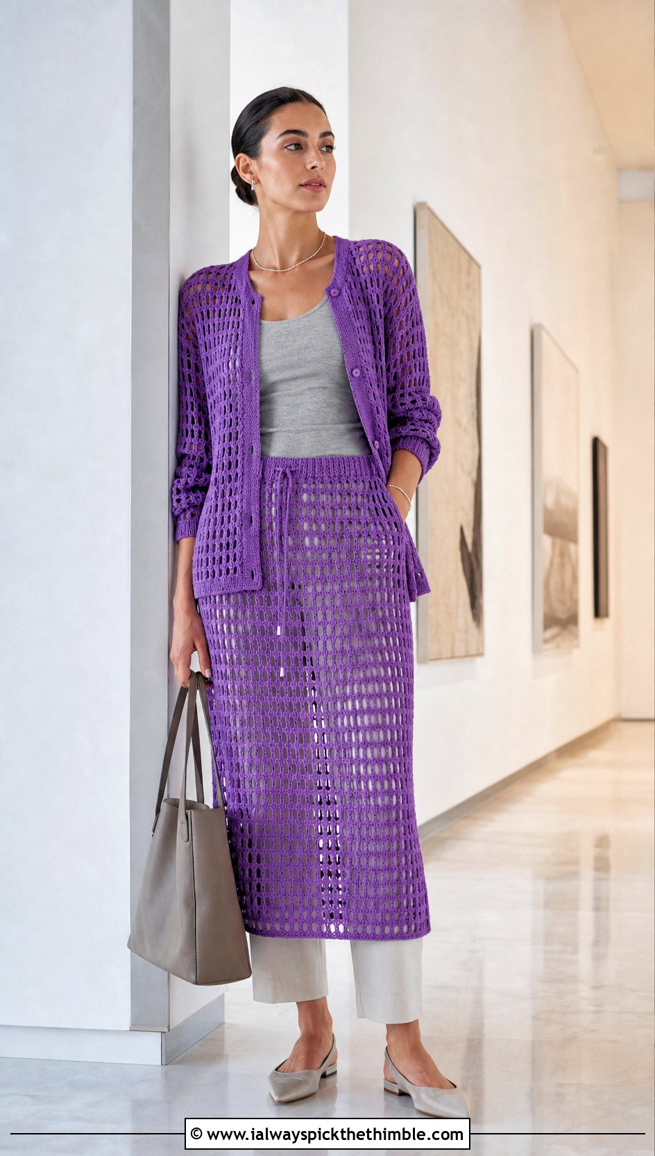 Crochet Cardigan And Midi Skirt Set With Linen Trousers - 20 Crochet Summer Two Piece outfit ideas