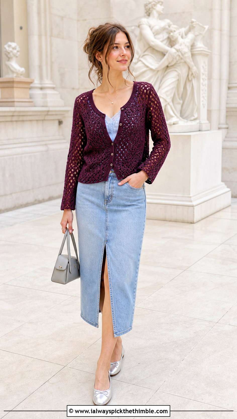 Crochet Cardigan Sweater With Denim Midi Skirt - 20 summer crochet sweaters outfit ideas