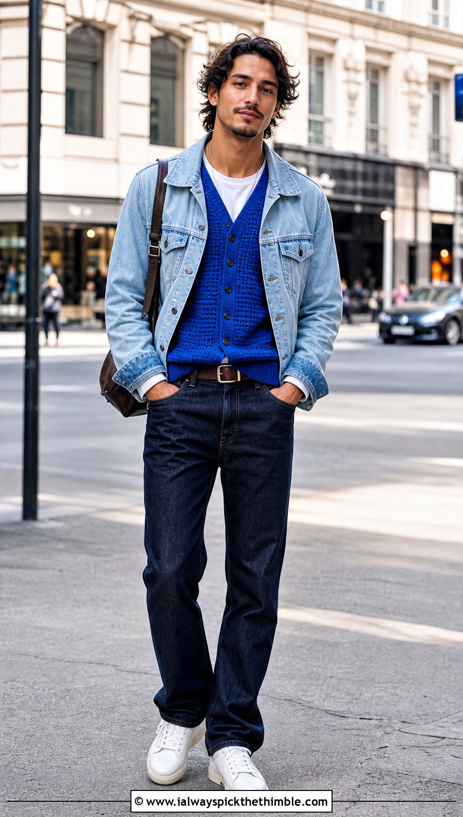 Crochet Cardigan Sweater With Double Denim - 20 crochet sweater for man outfit ideas