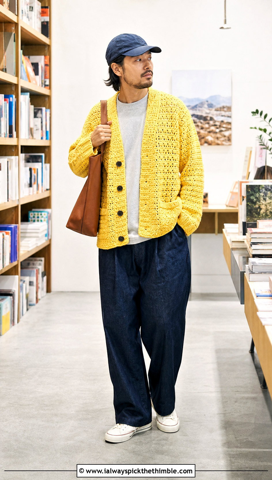 Crochet Cardigan Sweater With T Shirt And Wide Leg Jeans - 25 men's crochet sweater ideas