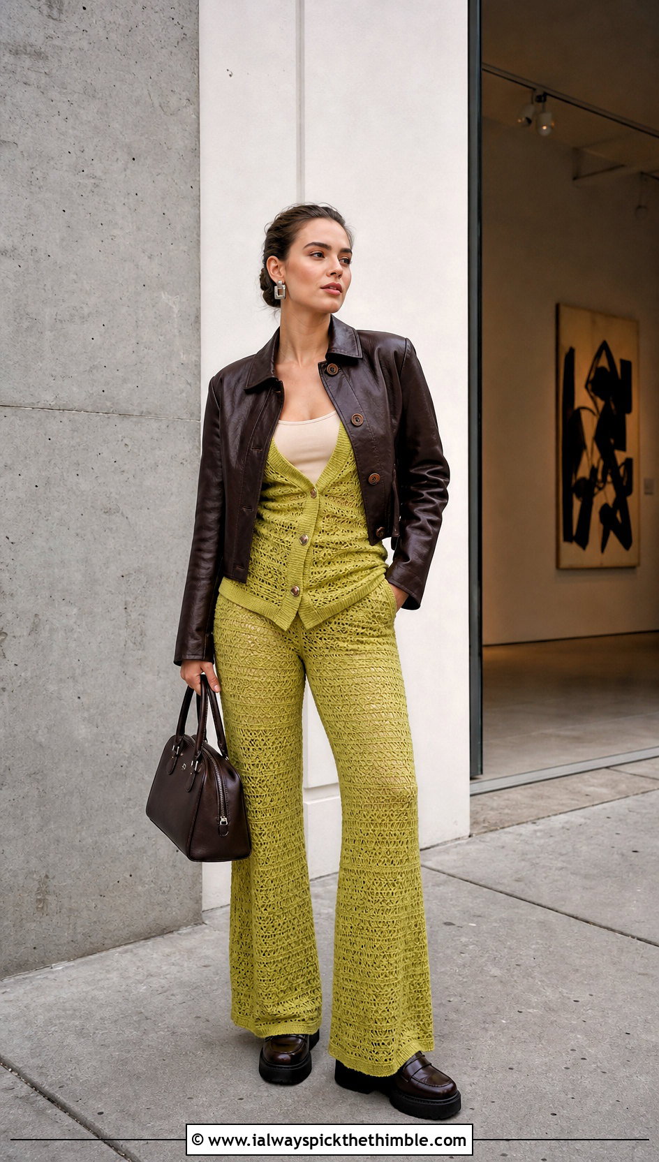 Crochet Cardigan Top And Flare Pants Set - 20 crochet top and bottom set outfit ideas