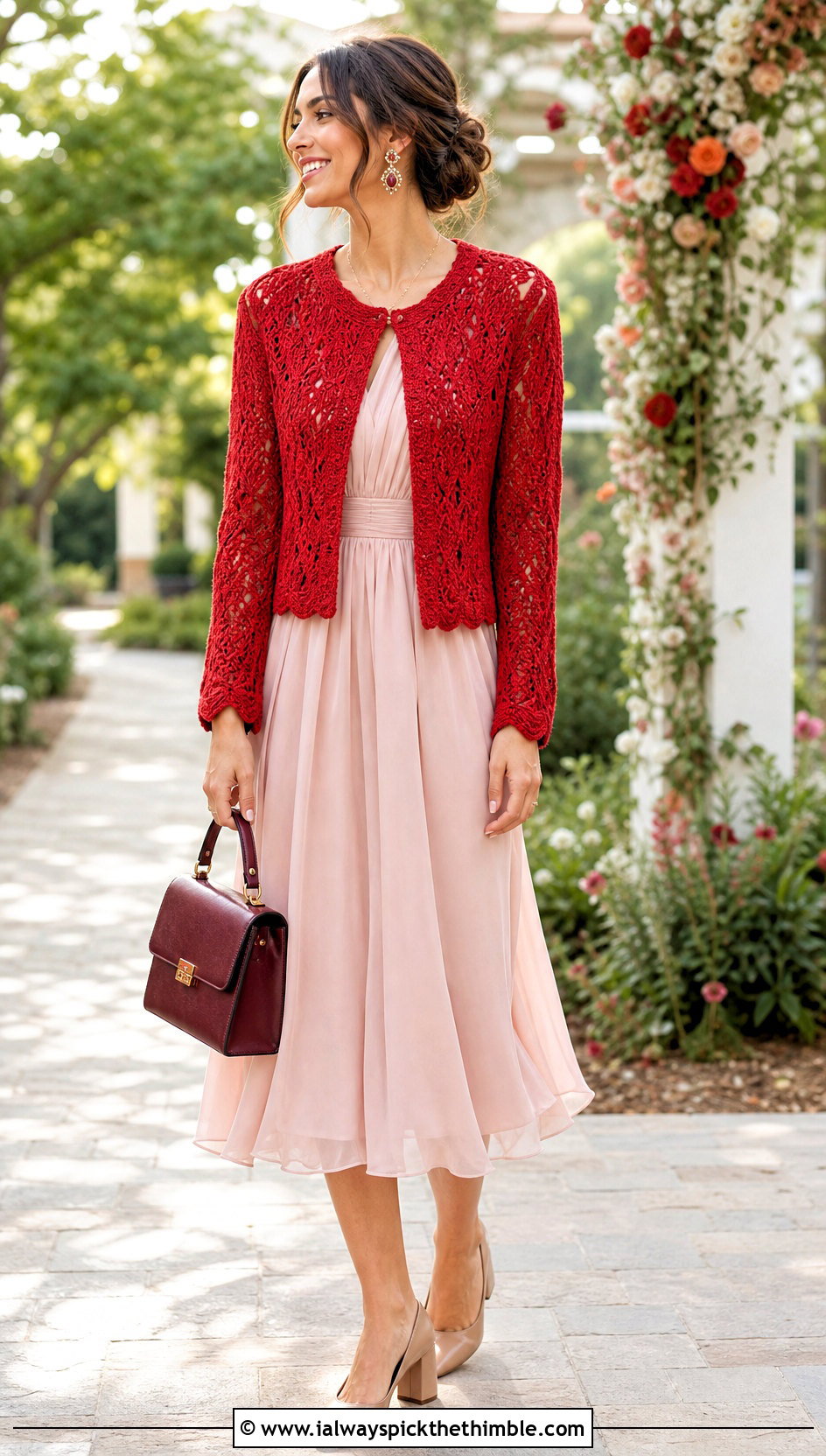 Crochet Cardigan With Chiffon Midi Dress - 20 crochet wedding guest outfit ideas