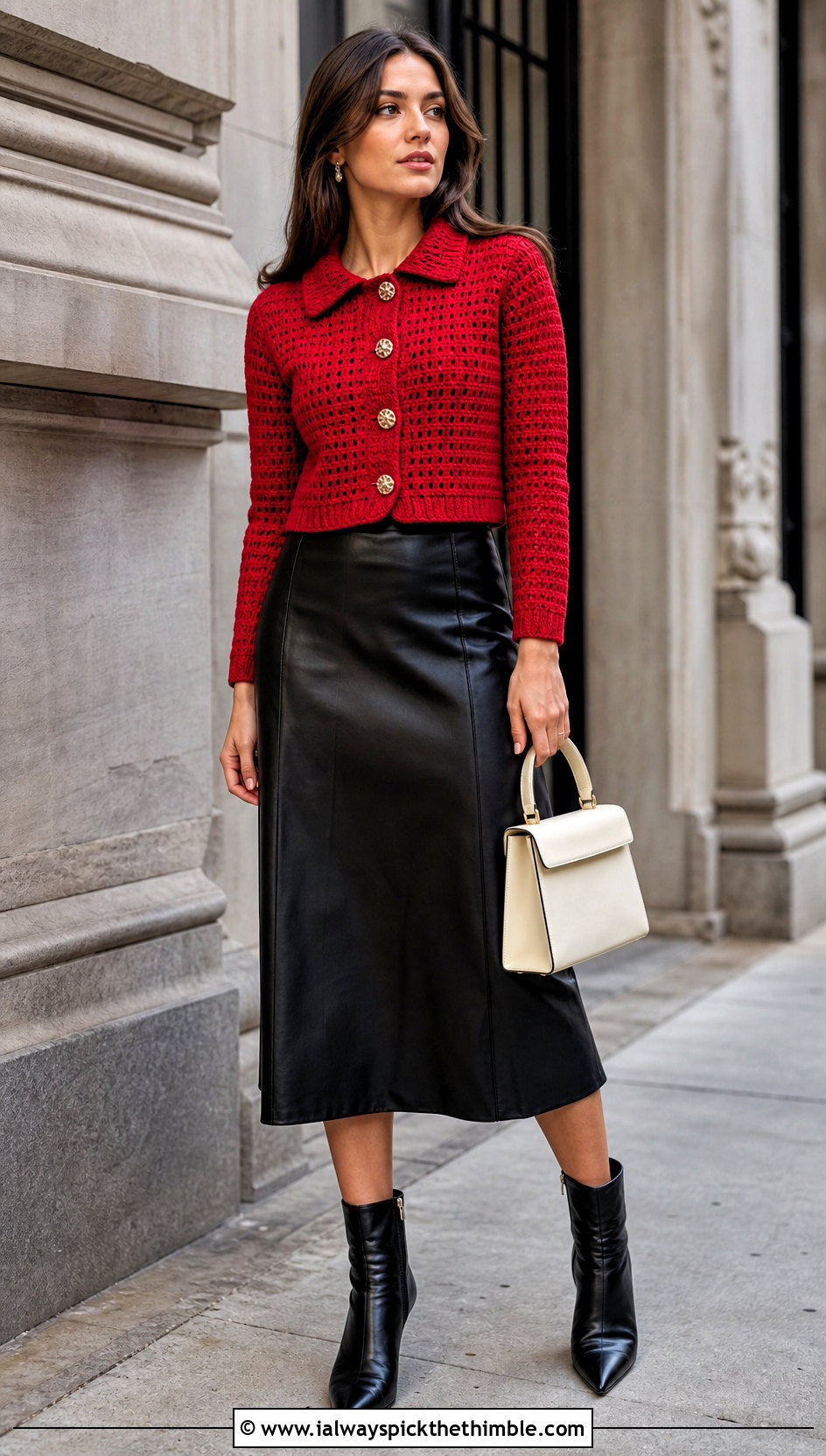 Crochet Cardigan With Leather Midi Skirt - 15 Crochet Photo Shoot Outfits ideas