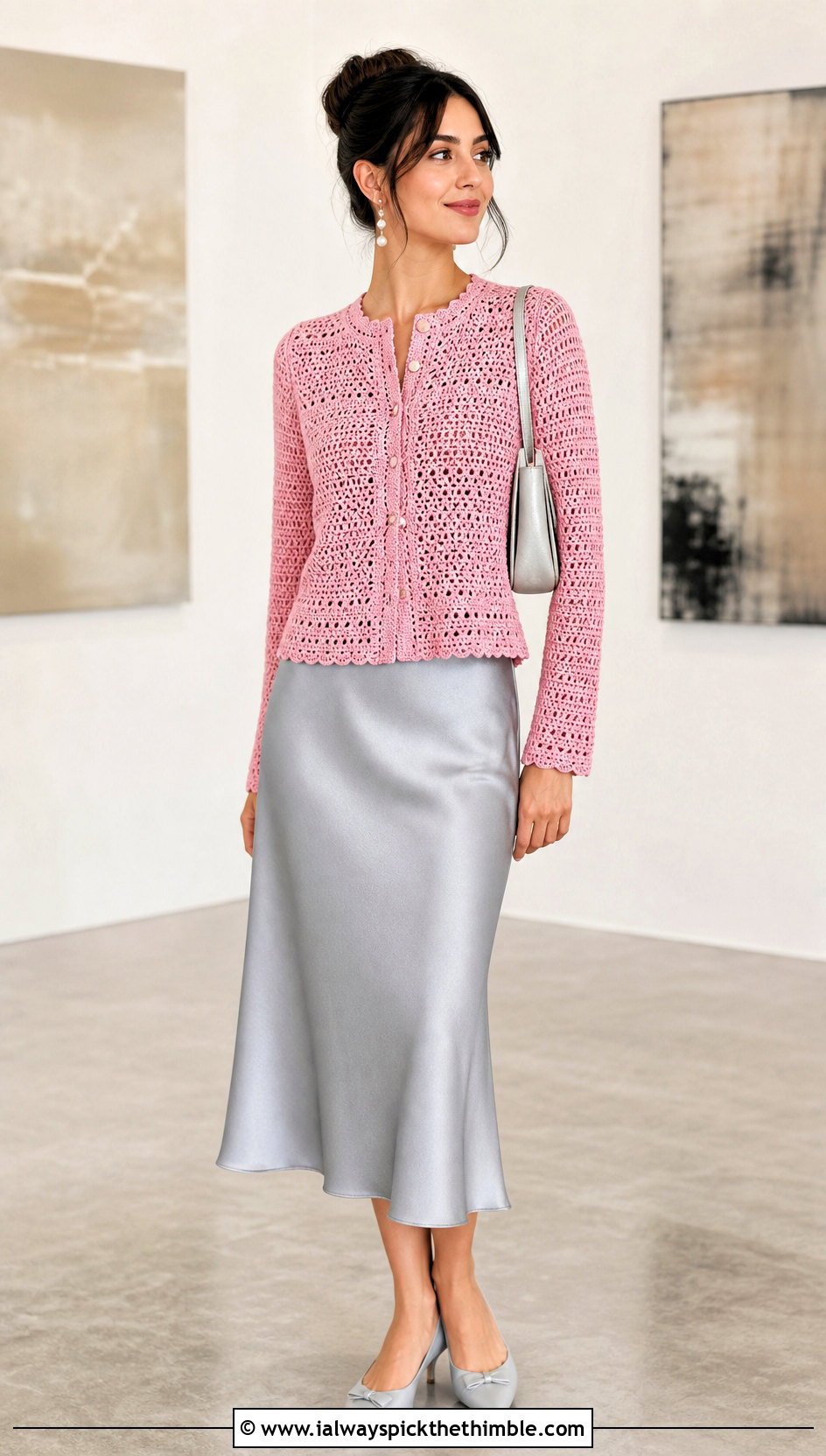 Crochet Cardigan With Satin Slip Skirt - 15 Summer Crochet Clothing Style outfit ideas