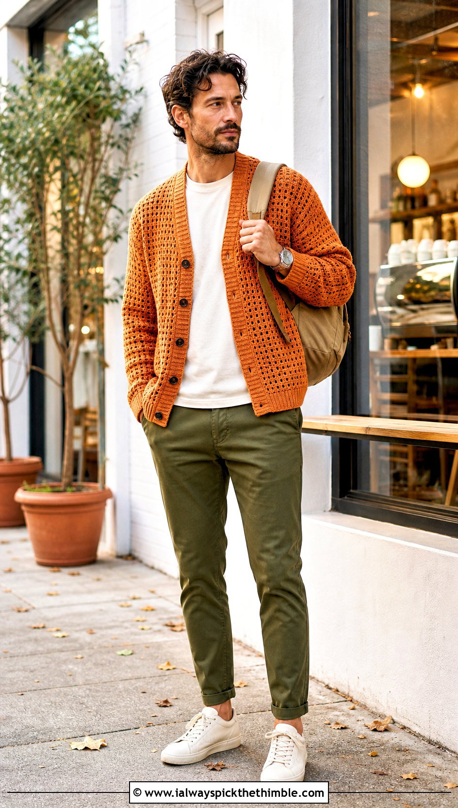 Crochet Cardigan With T Shirt And Chinos - 20 Mens Crochet Outfit ideas