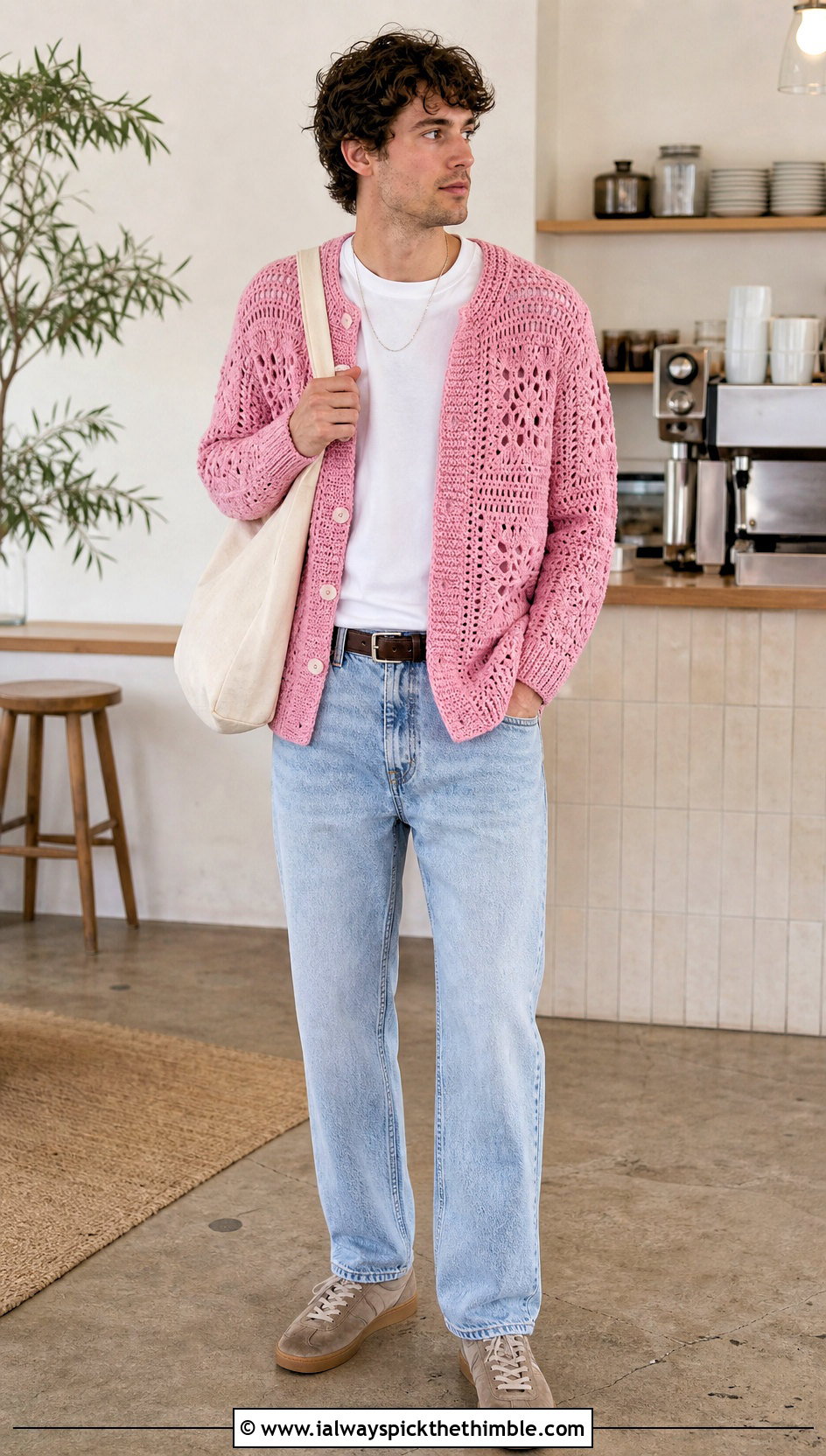 Crochet Cardigan With White T Shirt And Straight Jeans - 25 crochet outfits for men outfit ideas