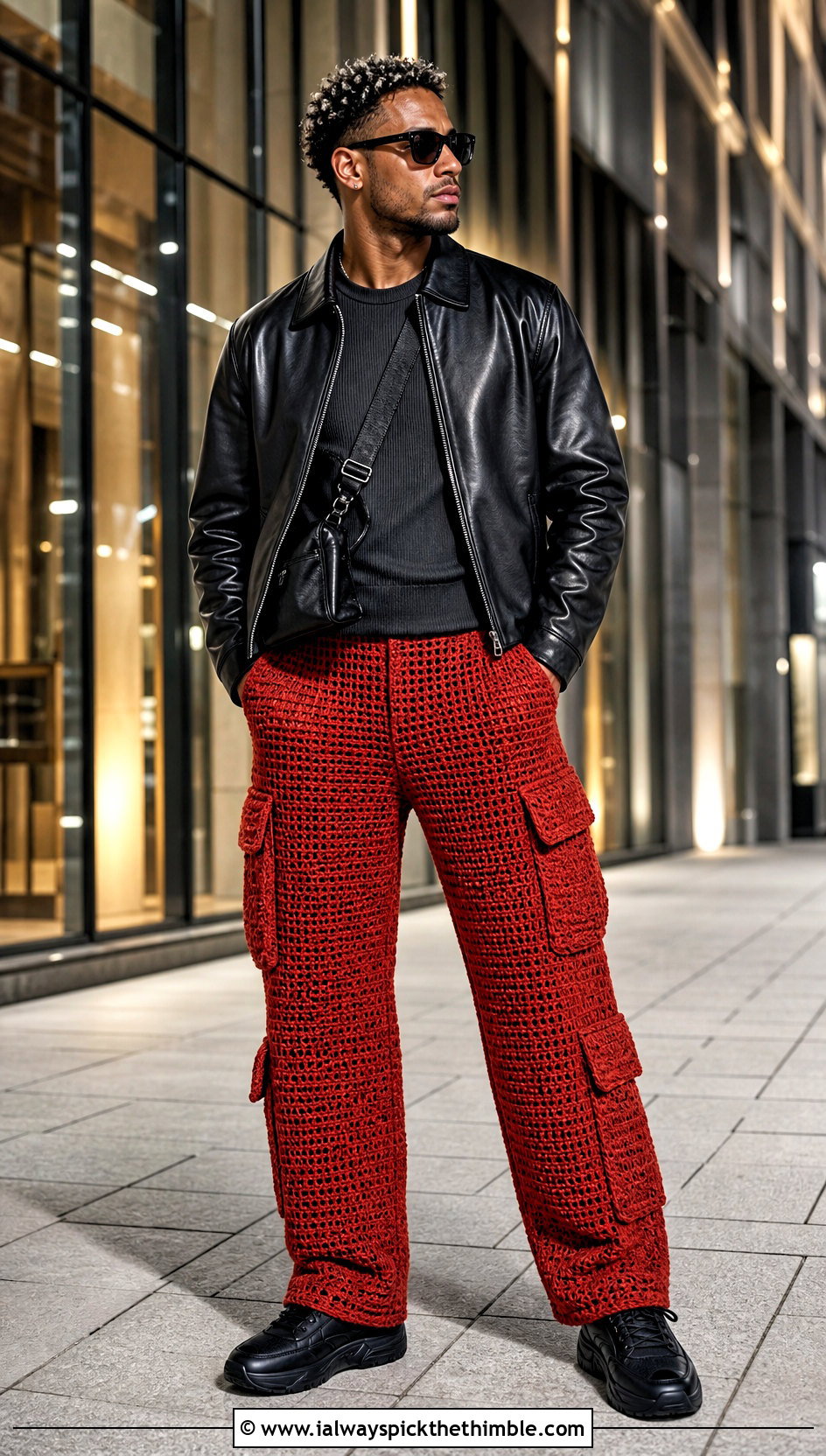 Crochet Cargo Pants With Leather Jacket - 15 crochet men pants outfit ideas