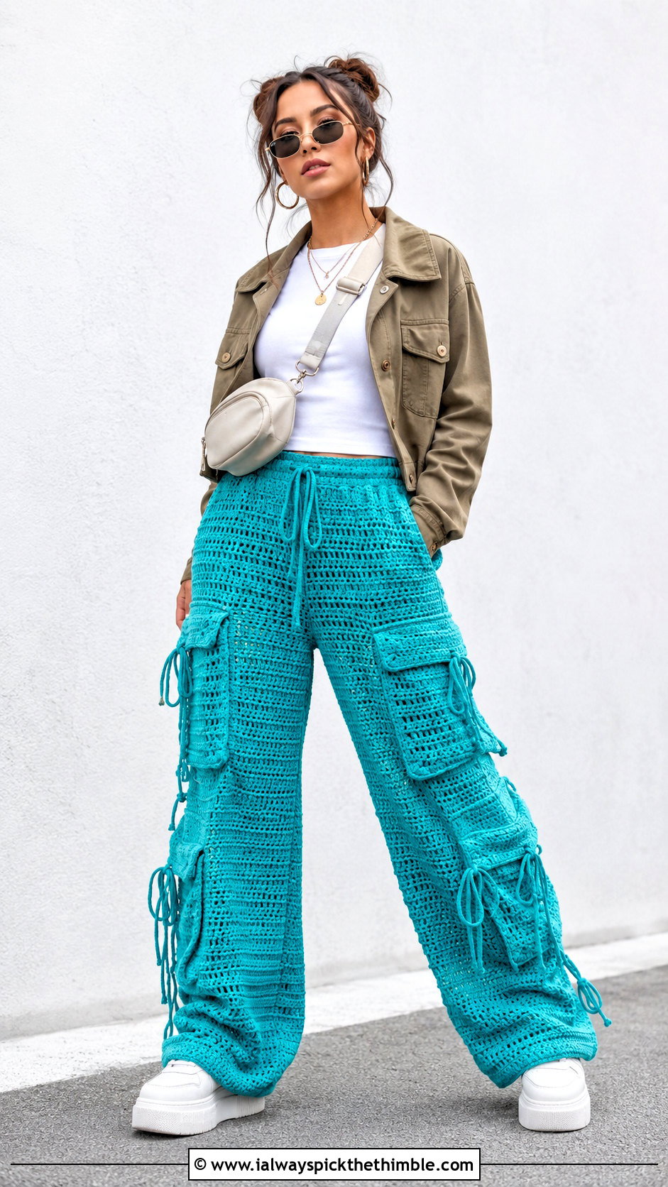 Crochet Cargo Pants With Utility Jacket - 20 Crochet Long Pants outfit ideas