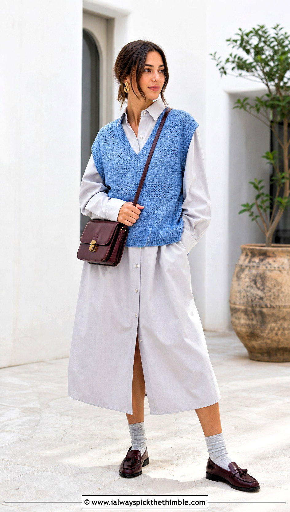 Crochet Cashmere Sweater Vest With Shirt Dress - 20 crochet cashmere sweater outfit ideas