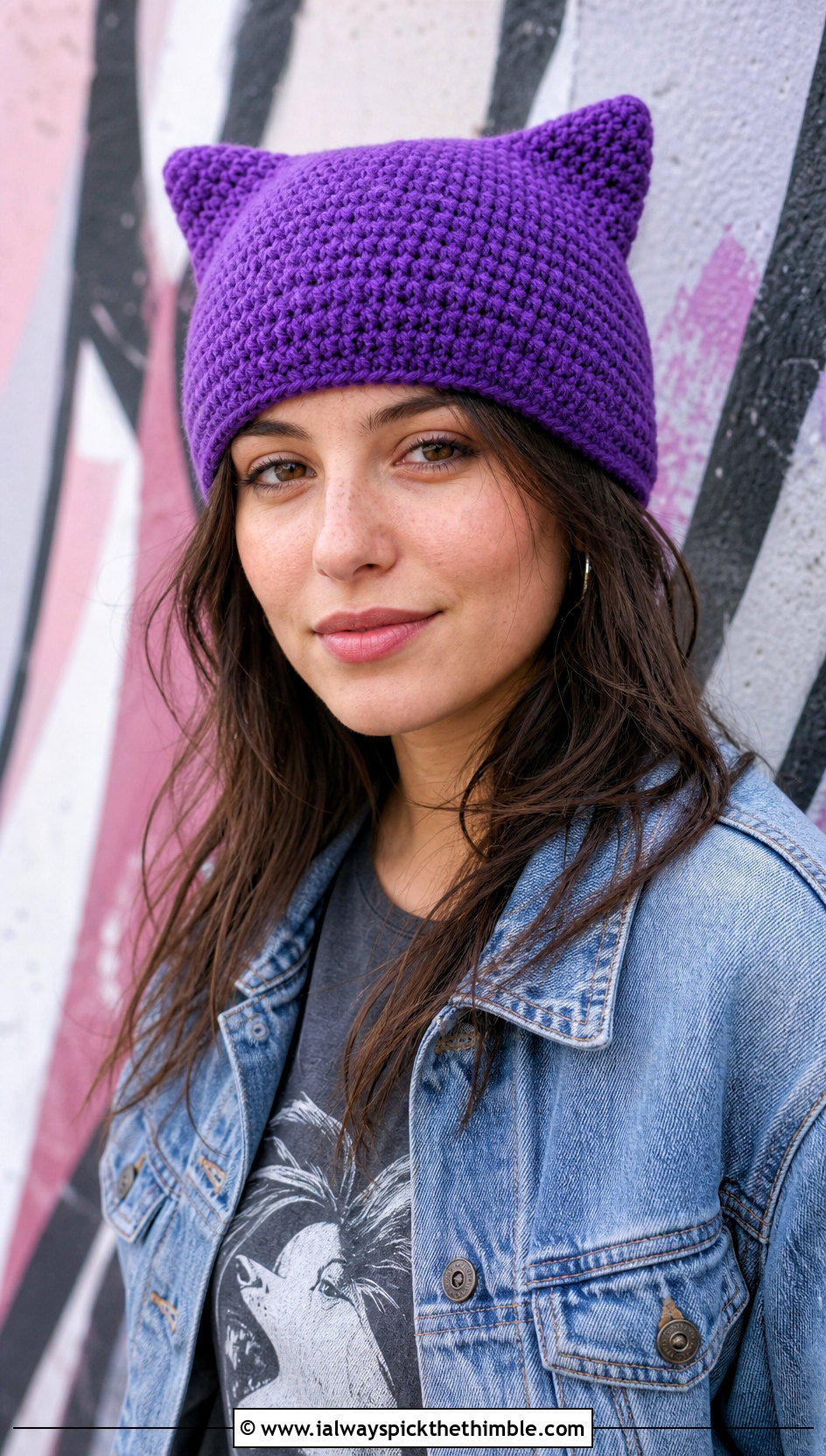 Crochet Cat Ear Beanie With Graphic Tee - 25 easy crochet hats outfit ideas