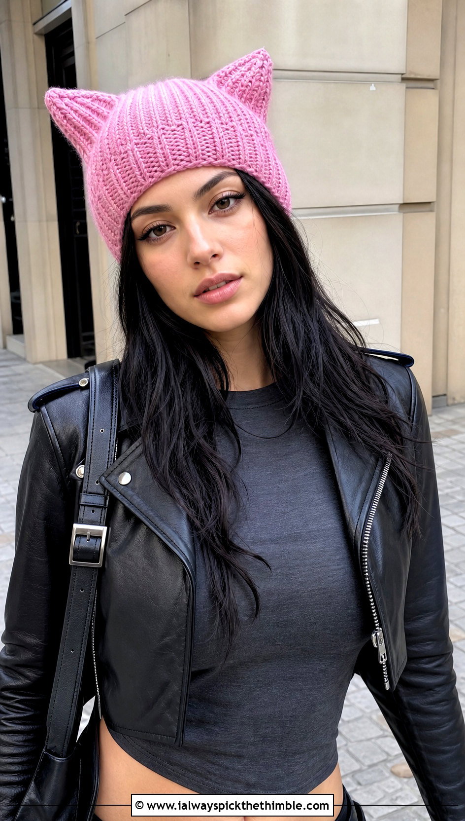 Crochet Cat Ear Beanie With Leather Jacket - 20 Crochet Silly Hats outfit ideas