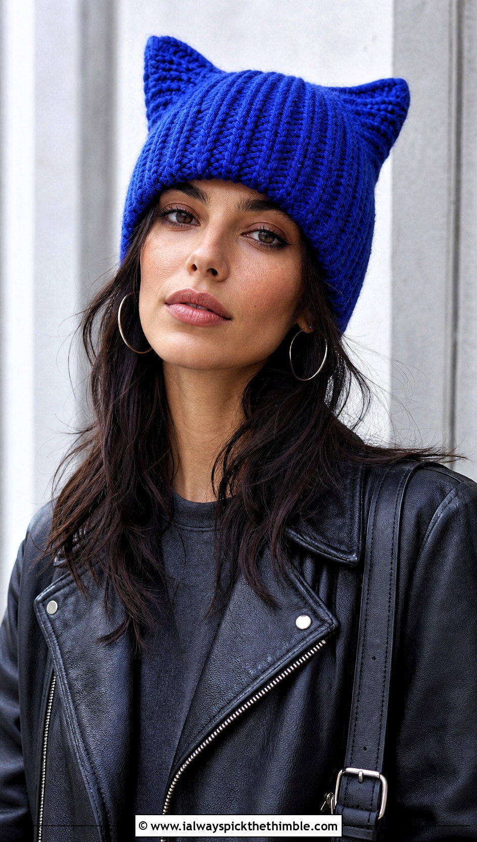 Crochet Cat Ear Beanie With Leather Jacket - 20 Crochet Character Hat outfit ideas