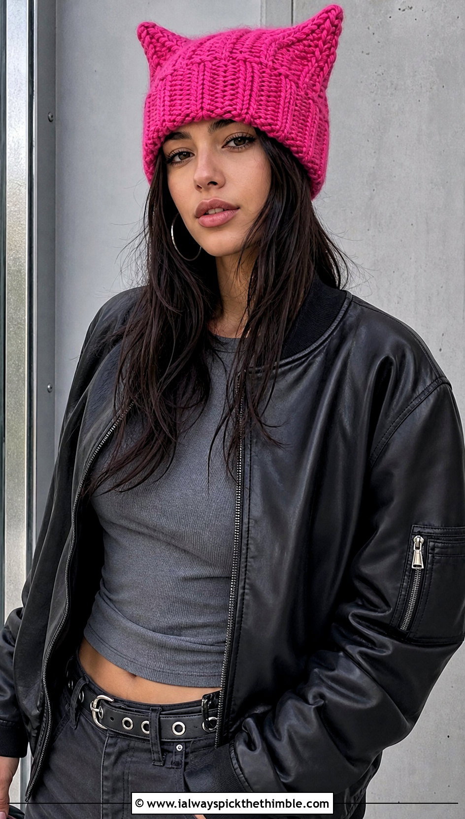 Crochet Cat Ear Beanie With Leather Streetwear - 25 crochet character hats outfit ideas