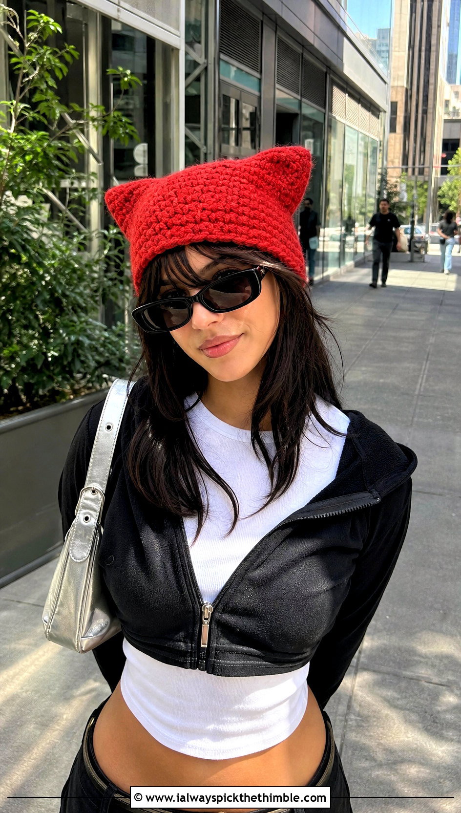 Crochet Cat Ear Hat With Baby Tee And Baggy Jeans - 25 fun crochet hats outfit ideas