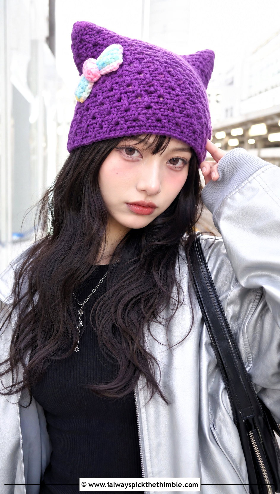 Crochet Cat Ear Hat With Bomber Jacket - 20 Crochet Bow Hat outfit ideas