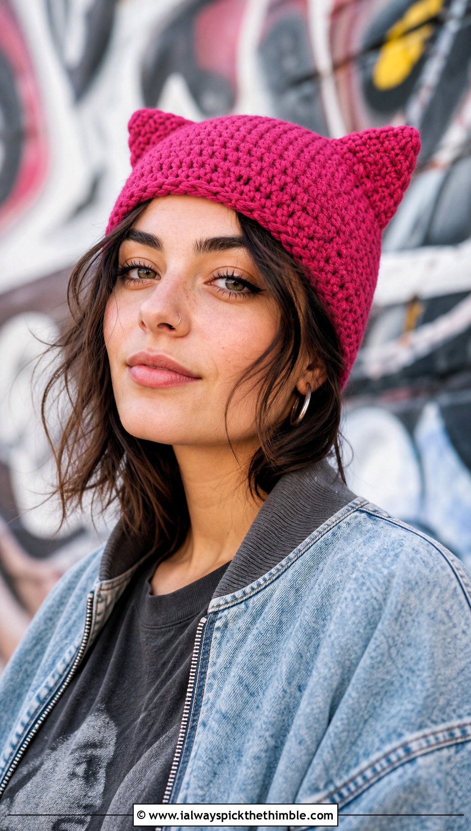 Crochet Cat Ear Hat With Graphic T Shirt - 20 easy simple crochet hats for beginners outfit ideas